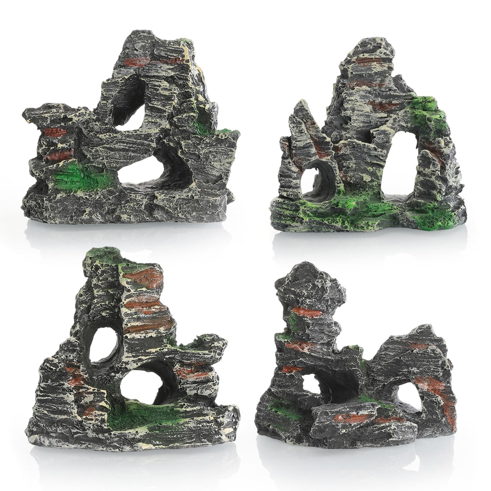 HUSOUE 4PCS Fish Tank Decorations, Resin Fish Tank Ornaments Aquarium Rock Mountain Hiding Cave Ornaments Aquarium Rocks for Aquascape for Aquatic Pets