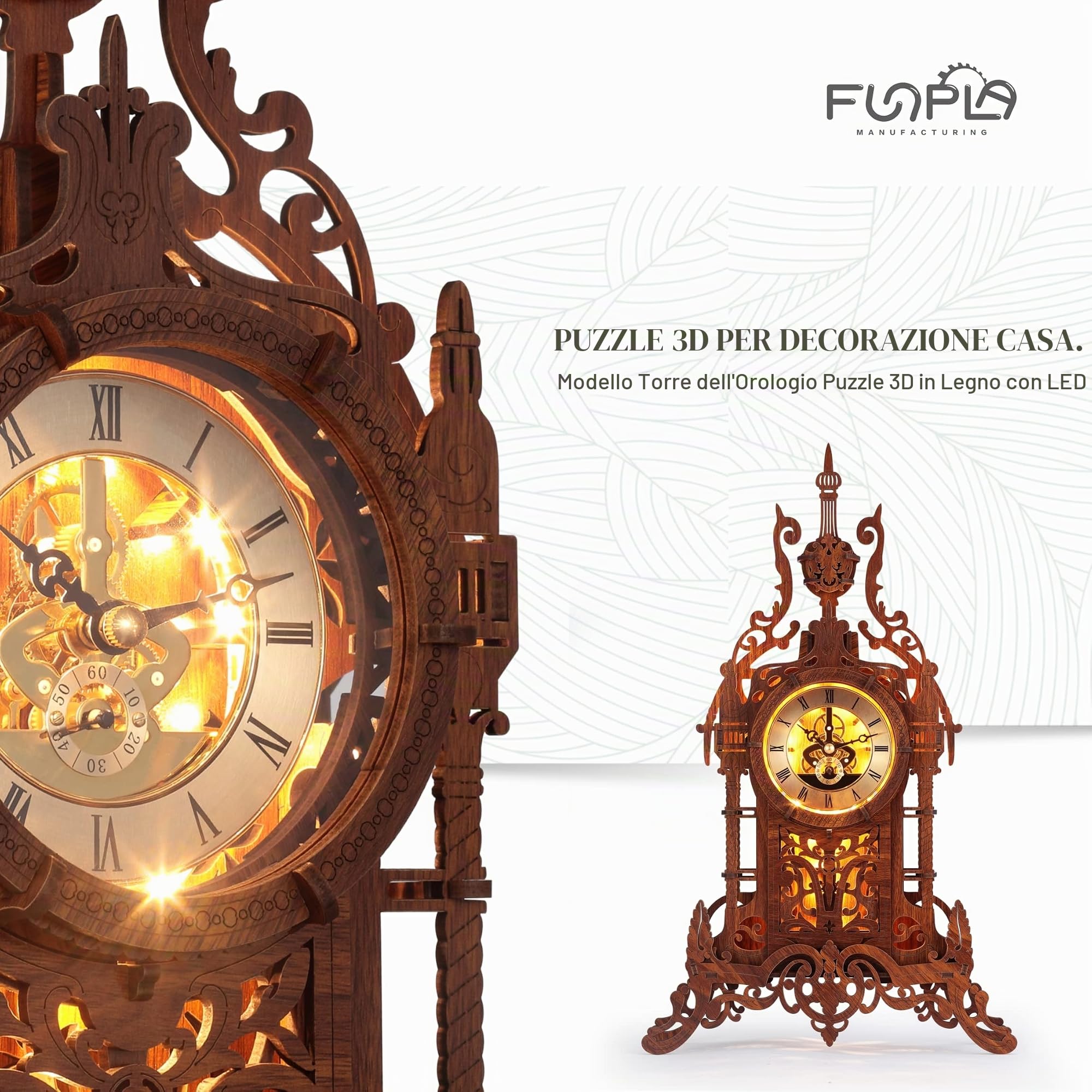FUNPOLA LED 3D Puzzle in Legno Torre dell'Orologio, Puzzle 3D Modellismo da Costruire Adulti,Puzzle 3D per la Casa Puzzle DIY 3D Kit Orologio (LED-WTC02)