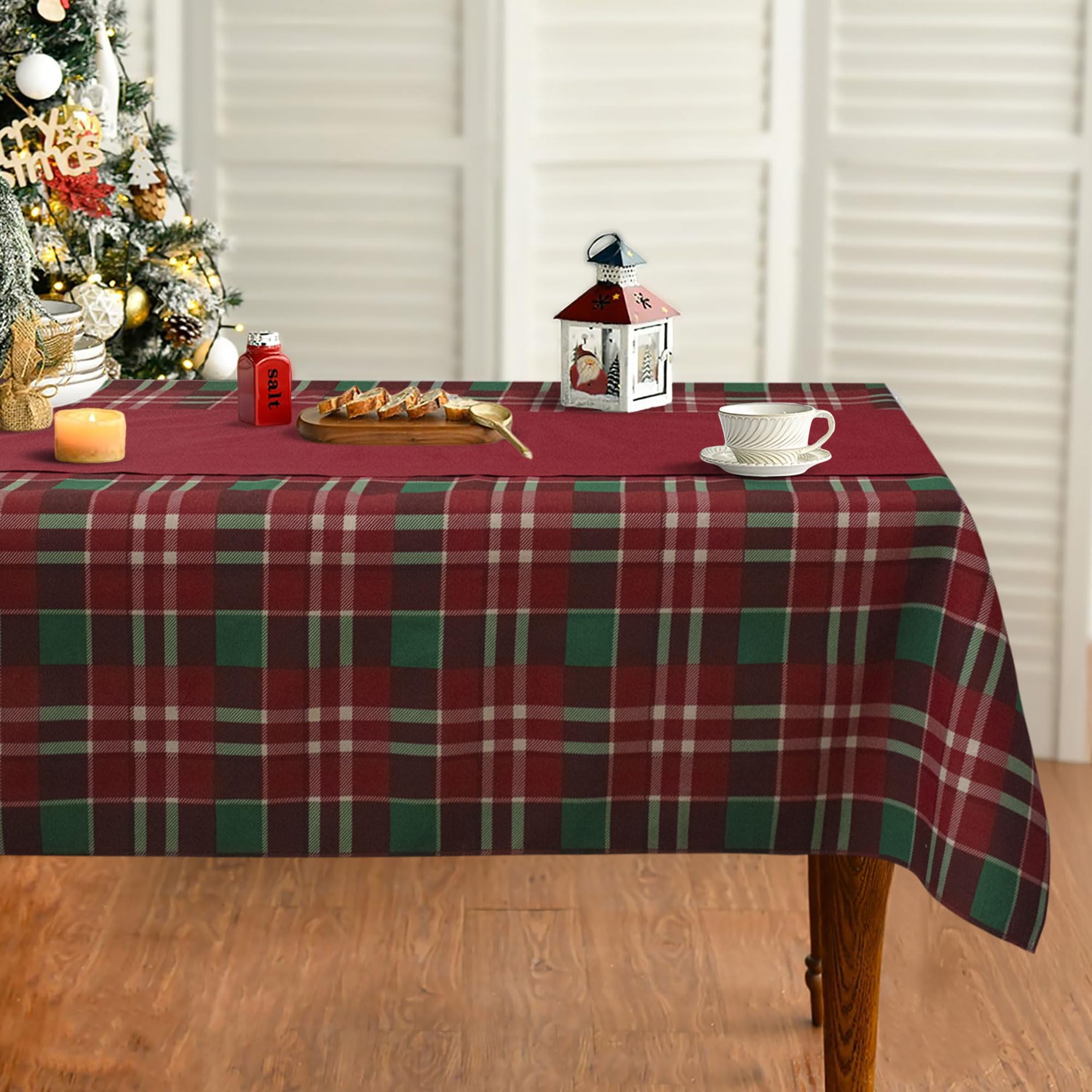 Tovaglia natalizia rettangolare lavabile in tartan verde tinto in filato per la decorazione delle feste, tavolo da pranzo (140 x 240 cm