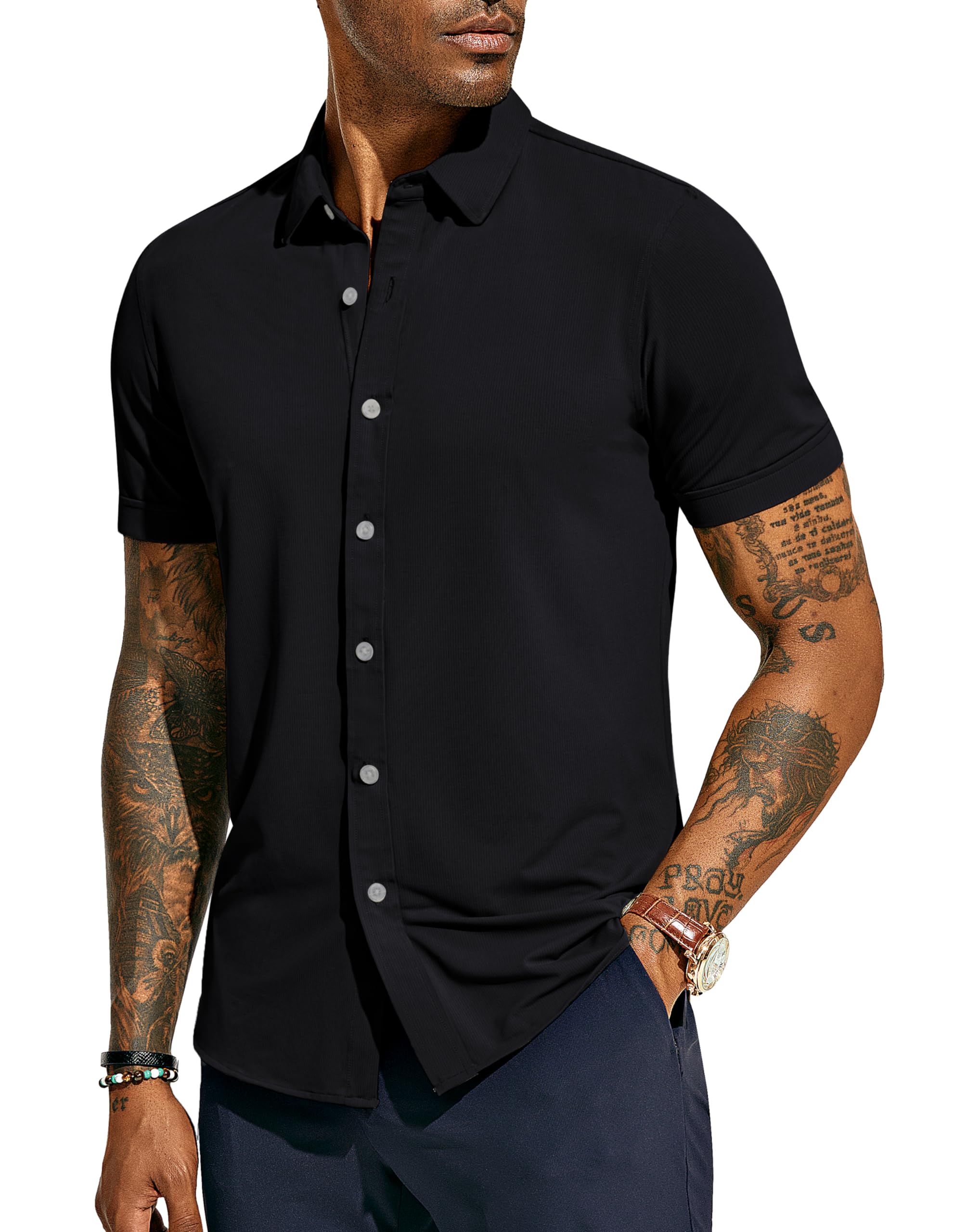 PaulJones Camisa de vestir de manga corta para hombre, casual, elástica en 4 direcciones, camisa formal de negocios