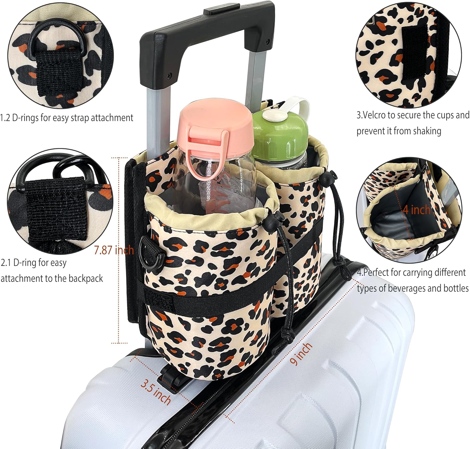 GuirCygne Travel Cup Holder for Luggage – Robust Reliable, Secure Convenient, 2-Cup Capacity, Fit Most Roll-on Suitcases, Heavy-Duty Waterproof Easy to Install, Perfect for Frequent Travelers Leopard - Image 3