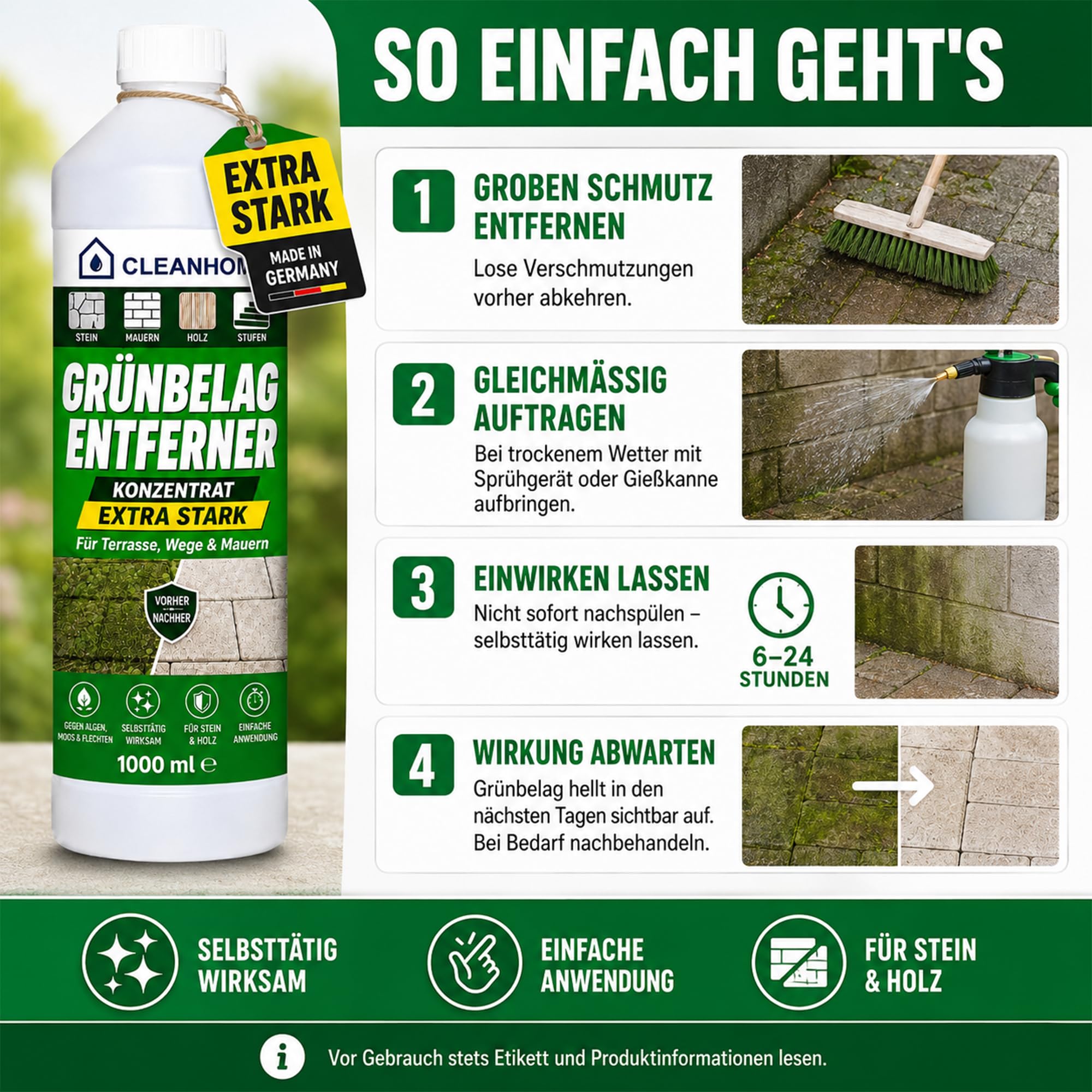 CLEANHOME Grünbelag Entferner Konzentrat 5 Liter – extra starker Grünbelagentferner gegen Algen, Moos & Flechten | selbsttätiger Steinreiniger außen für Terrasse, Wege, Mauern & Holz