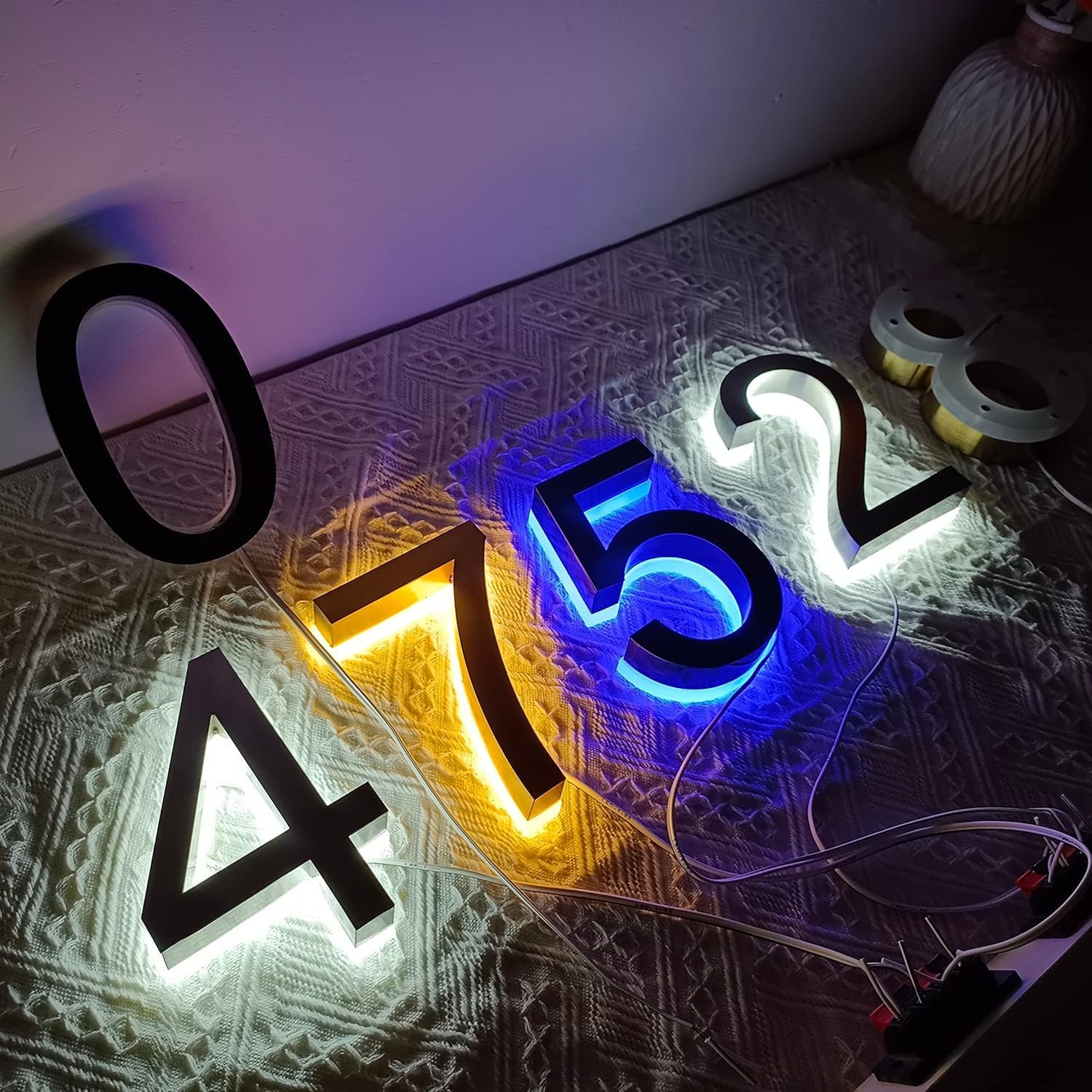 Metal 3d Led House Number Plaques Light Outdoor Waterproof Lighted Home Hotel Door Plates Stainless Steel Illuminated Letter Sign Address Plaque, Brushed Black Stainless Steel, 12.5 Centimetres