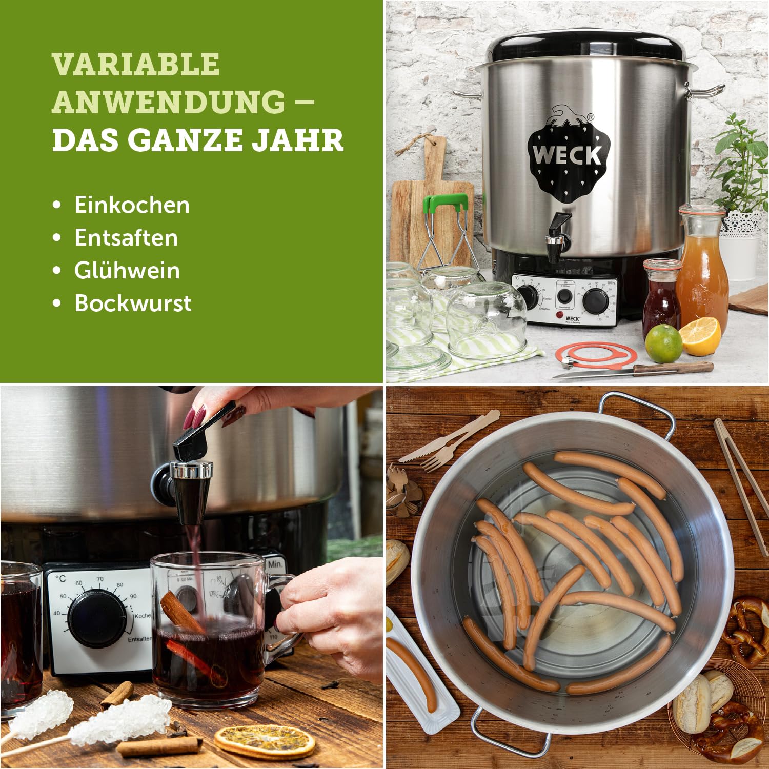 WECK Einkochautomat WAT25-A Edelstahl mit Präzisionsthermostat, Auslaufhahn & Zeitschaltuhr – 30L Einkochtopf, Glühweinkocher, Dampfentsafter, Einweckautomat – Made in Germany, hochwertig & vielseitig