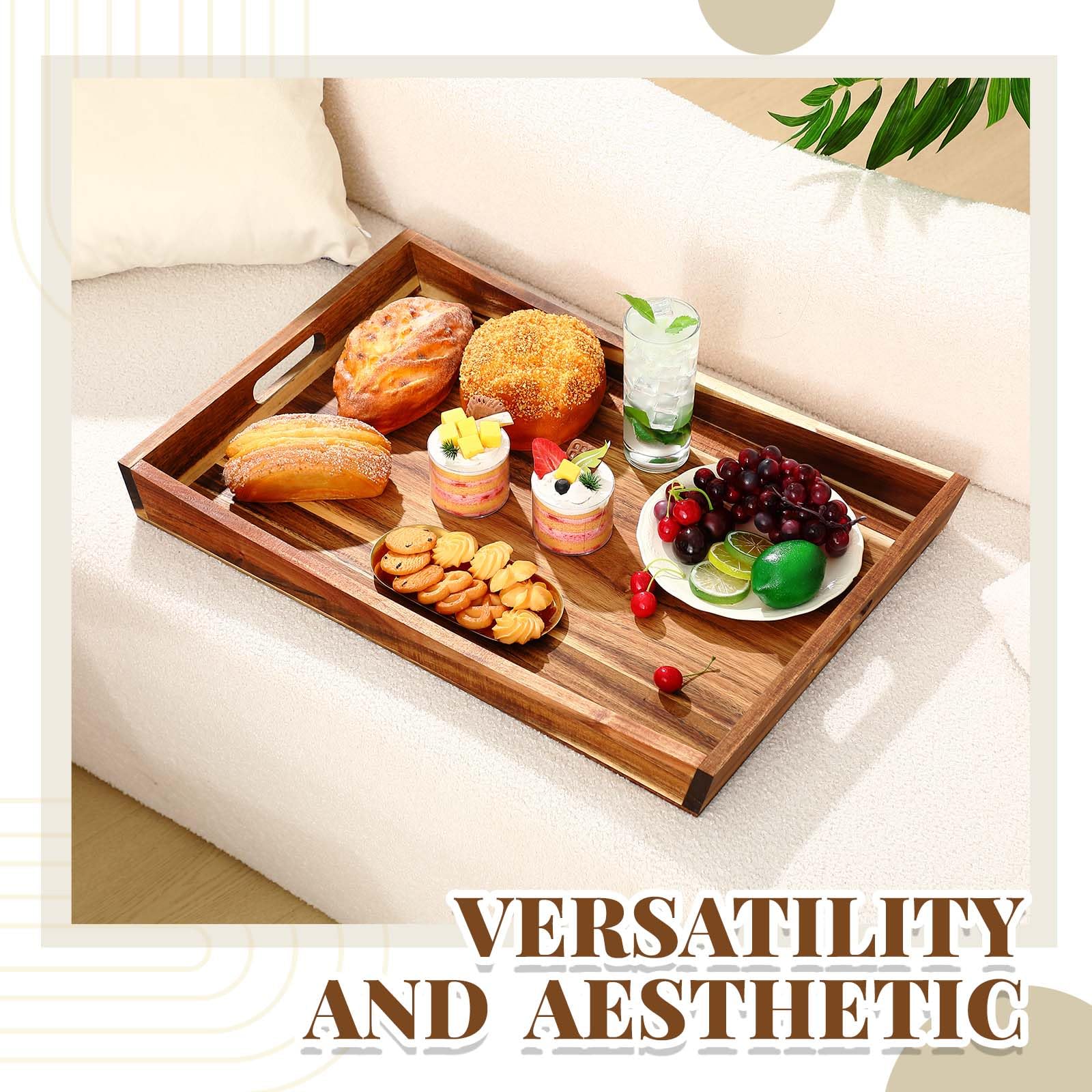 Teenyyou Bandeja curvada de madera de 24 x 16 pulgadas, bandeja otomana rectangular grande curvada de madera clásica con asas para té, cocina, alimentos, bebidas, aperitivos de frutas