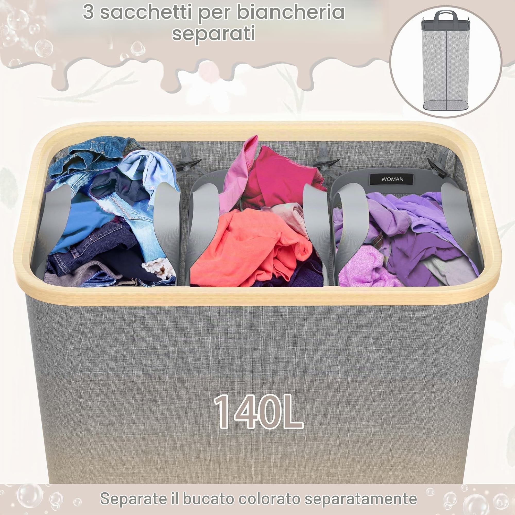 Cesto portabiancheria con coperchio, 140 l, con 3 scomparti, tasca interna lavabile con manici, sacco per la biancheria, cesto per la biancheria, laundry Basket, grigio