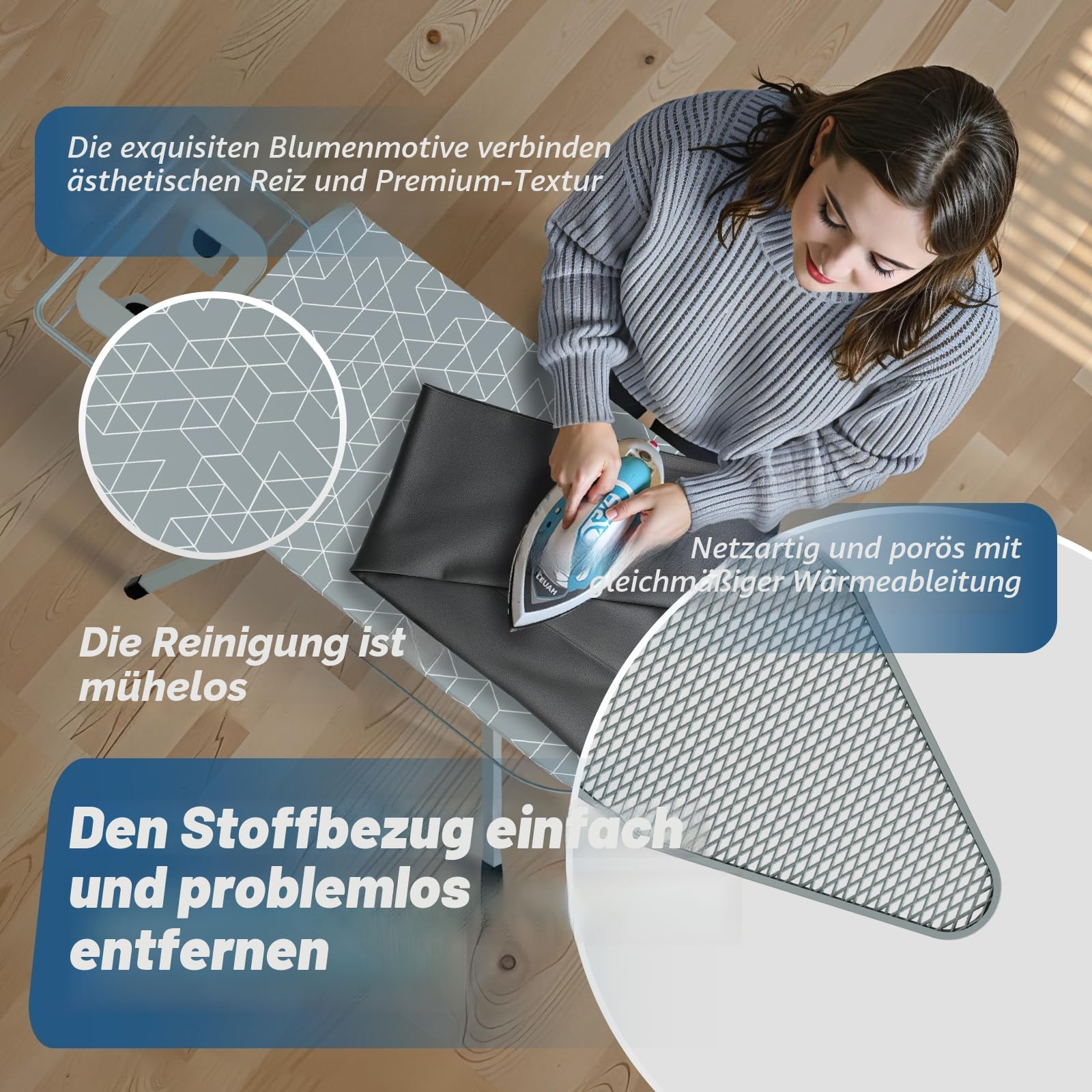 STANEW XXL Bügelbrett 120 x 45 cm – Klappbarer & höhenverstellbarer Bügeltisch mit Sicherheitsschließsystem, Eisenablage und rutschfesten Füßen
