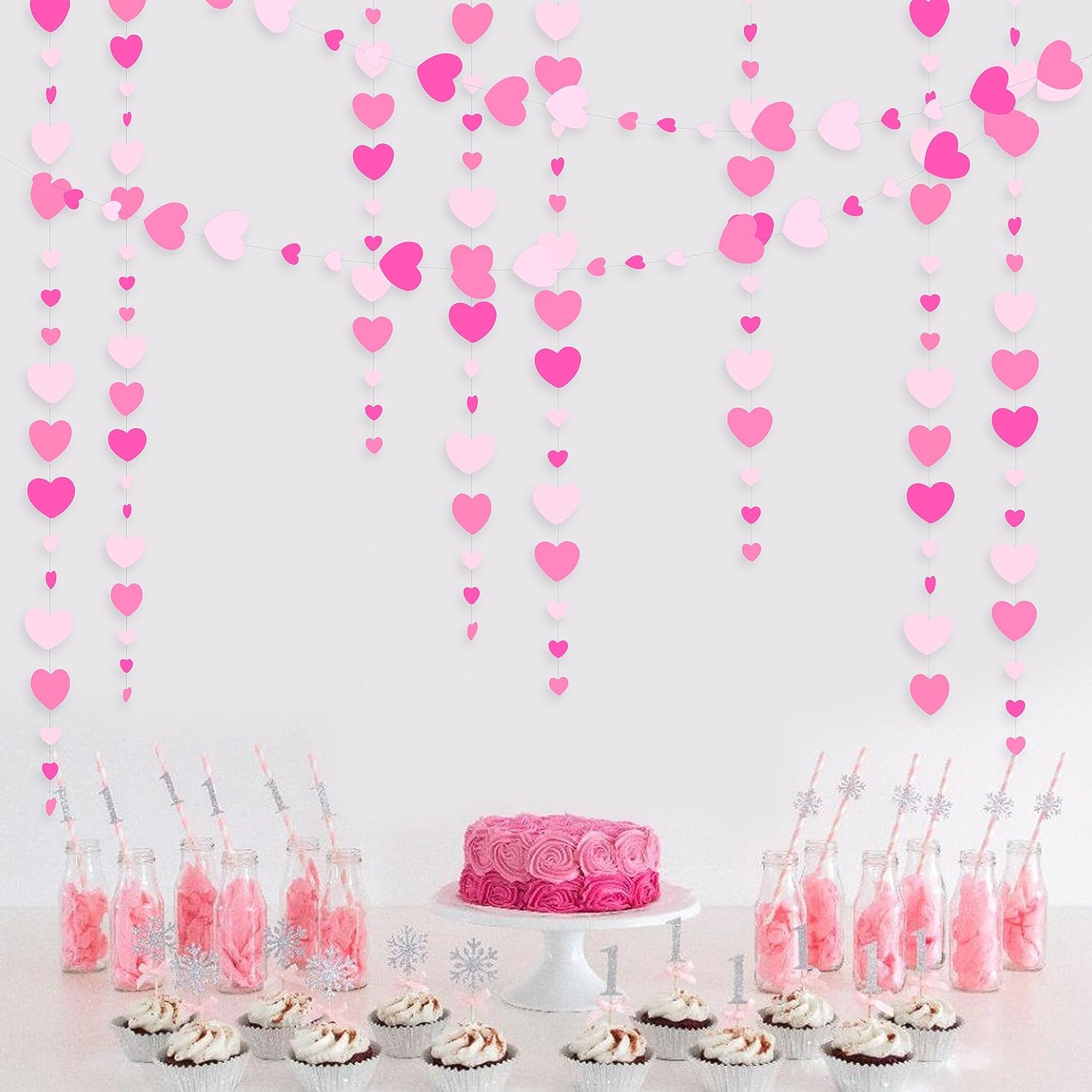 Valentines Day Party Decorations Hot Pink White Hanging Paper Heart Garland Streamer for Birthday Bachelorette Engagement Wedding Bridal Shower Anniversary Minnie Flamingo Pink Girl Party Supplies - Image 6