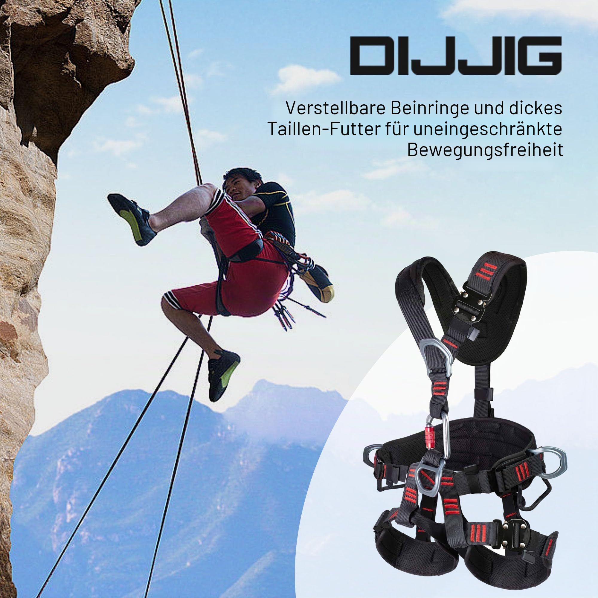 DIJJIG Felsklettern Ganzkörper-Sicherheitsgurt, verstellbar, verdickt, verbreitert, Taillenschutz für Baumklettern, Bergsteigen, Feuerwehr, Rettung, Höhenarbeiten, CE-Zertifizierung