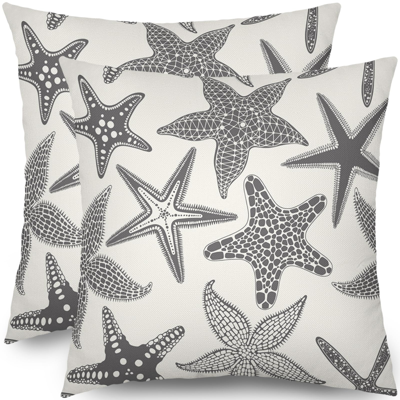 Grey Gray Starfish Pillow Covers 18x18 Set of 2 Summer Ocean Beach Coastal Outdoor Decorative Throw Pillows Beachy Nautical Pillowcases Linen Cushion