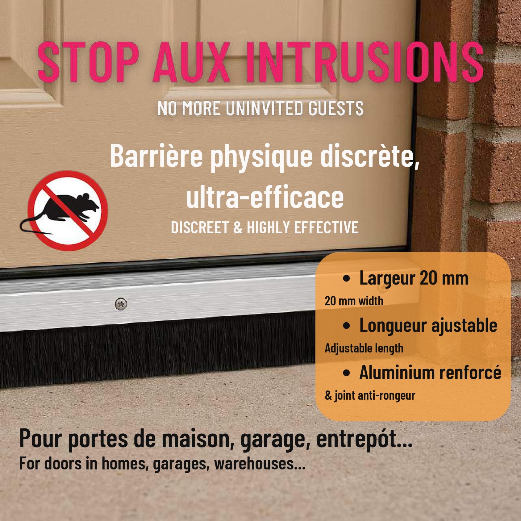 Ready-to-Use Bas de Porte Anti Rongeurs 1m – Aluminium + Joint Silicone 20mm – Protection Anti Souris et Rats – Plinthe Isolante Bas de Porte – Anti Froid, Vent et Insectes – Prêt à Poser