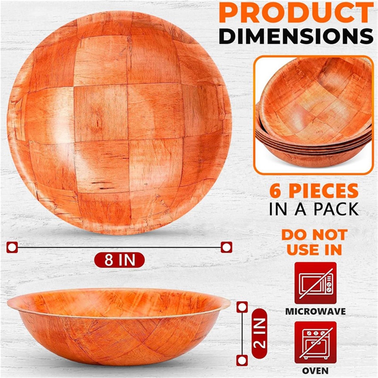 Ensaladera de fruta de madera Ensaladeras de madera 6 uds., ensaladera 8 pulgadas con diseño patrón cuadrado for alimentos, frutas, entretenimiento y decoración