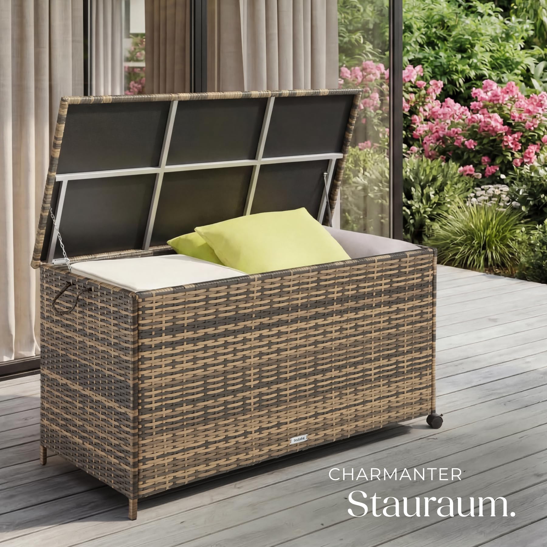 tectake® Auflagenbox 253 l, 116 x 54 x 64 cm, 2 drehbare Rollen mit Feststellbremse, Polyrattan mit Aluminiumrahmen, Polsterbox, Kissenbox für Gartenpolster Aufbewahrung, Aufbewahrungsbox - natur
