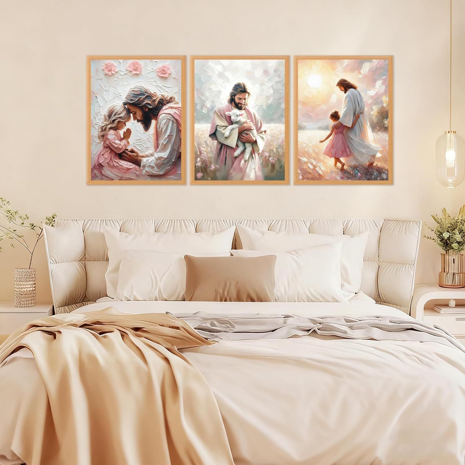 3Pcs Jesus little Girl Poster Wall Art Jesus Holding Lamb Painting Picture Wall Decor Christian Devout Prayer Canvas Print Artwork For Church Religious Children's room Home Decoration Unframed
