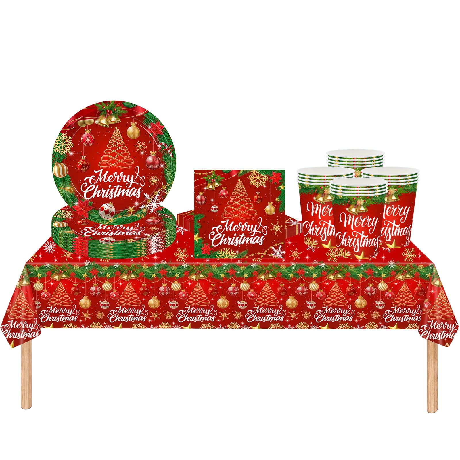 53Pcs Christmas Party Tableware Set for Table Decor,Shinny Christmas Tree 137x274cm Large Plastic Tablecloth Red Xmas Party Paper Plates Cups Napkins Dinnerware Set for Xmas Favor Tableware