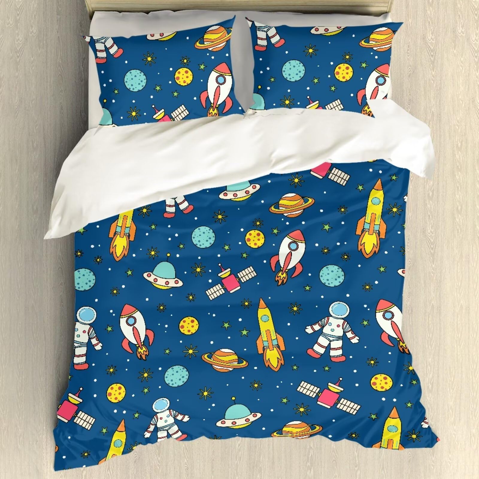 Cozeyat Planet Rocket Astronaut Comforter Cover Queen Size Bedding Kids Boys Bedroom Bed Decorative Bedspread Cover with Zipper