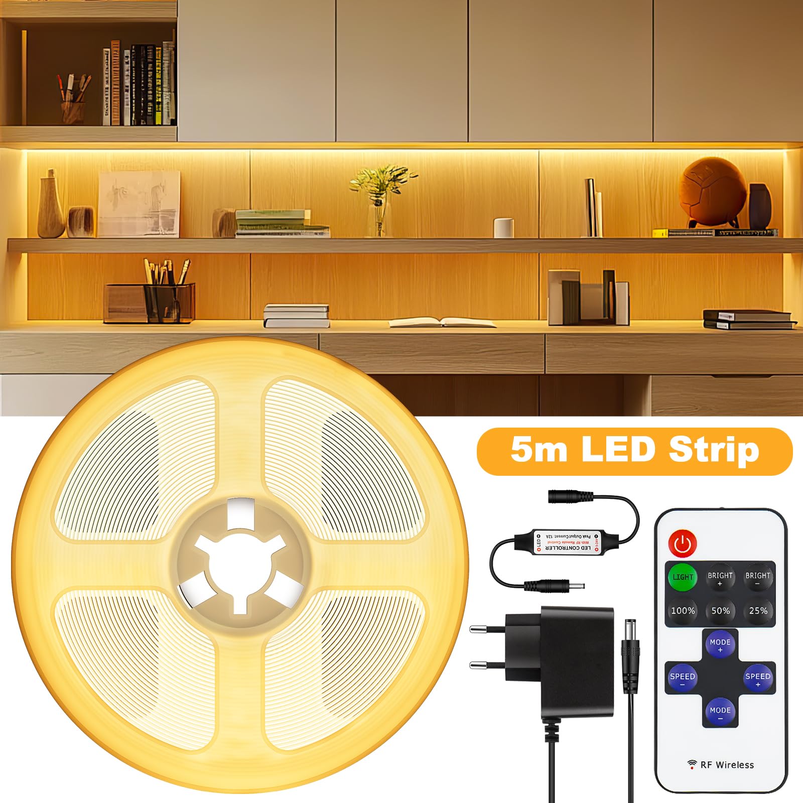 Striscia LED Striscia LED COB 5m, Banda LED 2700K Bianco Caldo Dimmerabile con Telecomando, Striscia LED Autoadesiva 24V, 36W Illuminazione TV LED Molto Luminosa per Cucina, Soggiorno, Scale