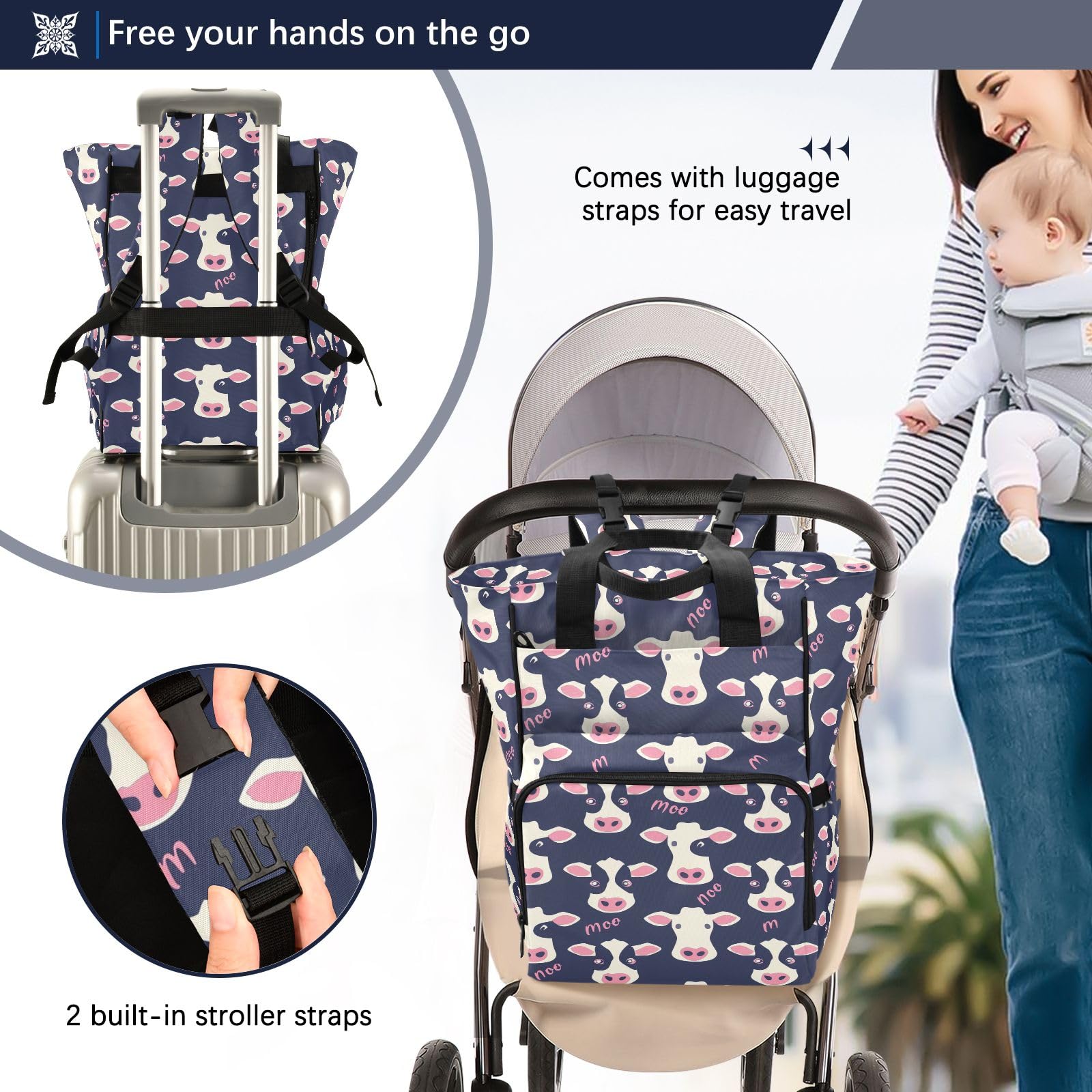 Mnsruu Borsa per pannolini per bambini viola con mucca zaino grande borsa impermeabile da viaggio borse per pannolini per mamme e papà