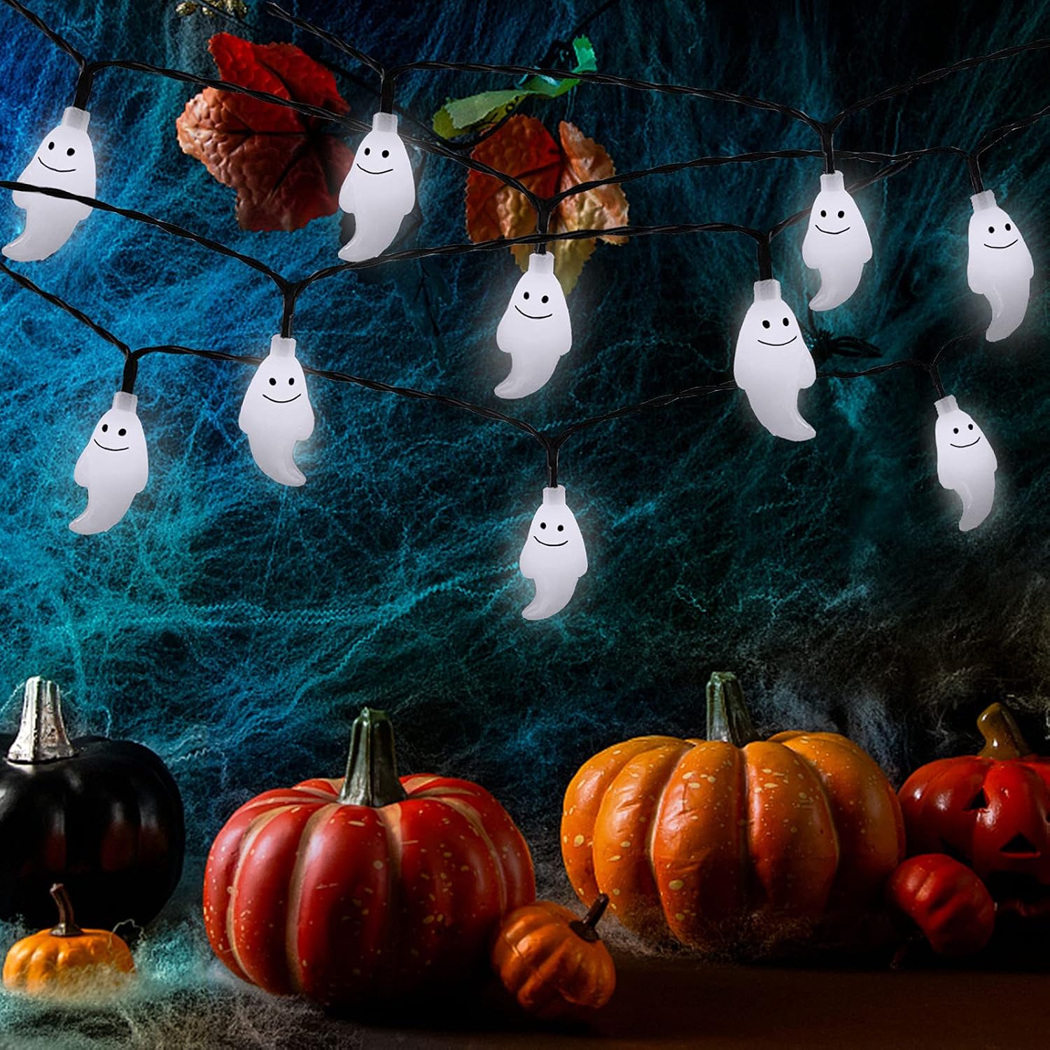 ZALALOVA Halloween Ghost String Lights, 21.3ft 30 LEDs Ghost Lights Decor Watertight Solar Powered 8 Modes String Lights for Halloween Horror Nights Decorations Indoor Outdoor -White