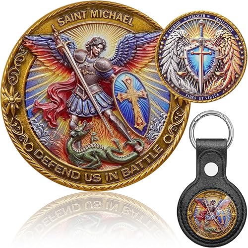 Moneda de Arcángel de San Miguel con grabado en 3D, llavero de San Miguel con soporte de cuero