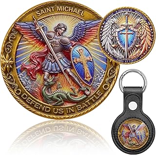 St Michael Archangel Coin 3D Engraved Saint Michael Keychain Medal Challenge Coin with Leather Coin Holder
