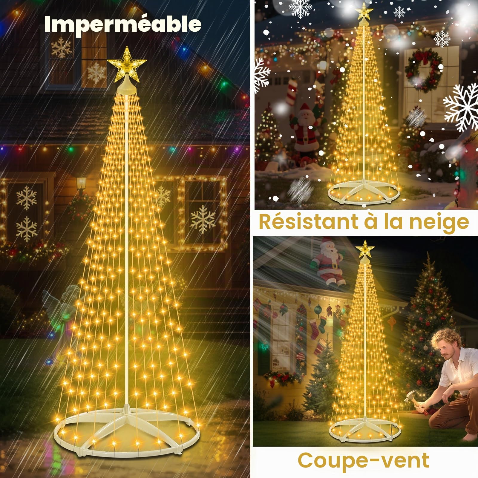 Christmas Cone Tree Lights, 2,28m 310 LED Décoration de Noël Extérieur, Sapin de Noel Lumineux, Guirlande Lumineuse d'Arbre de Noël,12 Modes, avec Télécommande pour Jardin ou Balcon (Blanc Chaud）