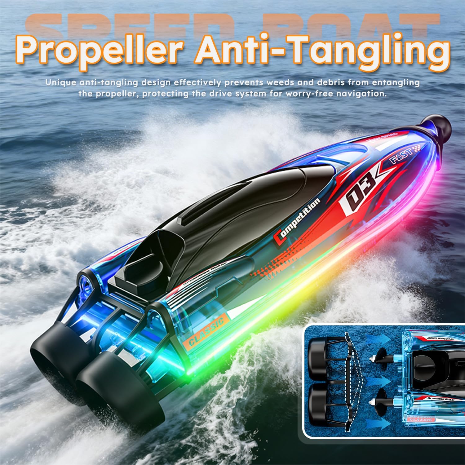 RC Boat with LED Light, Dual Brushless Remote Control Racing Speed Boat for Kids Ages 8-12 with 2 Batteries 25KM/H 2.4GHz Low Battery Pool&Lakes Summer Water Play Toy Gift for Boys Girls Adults Blue