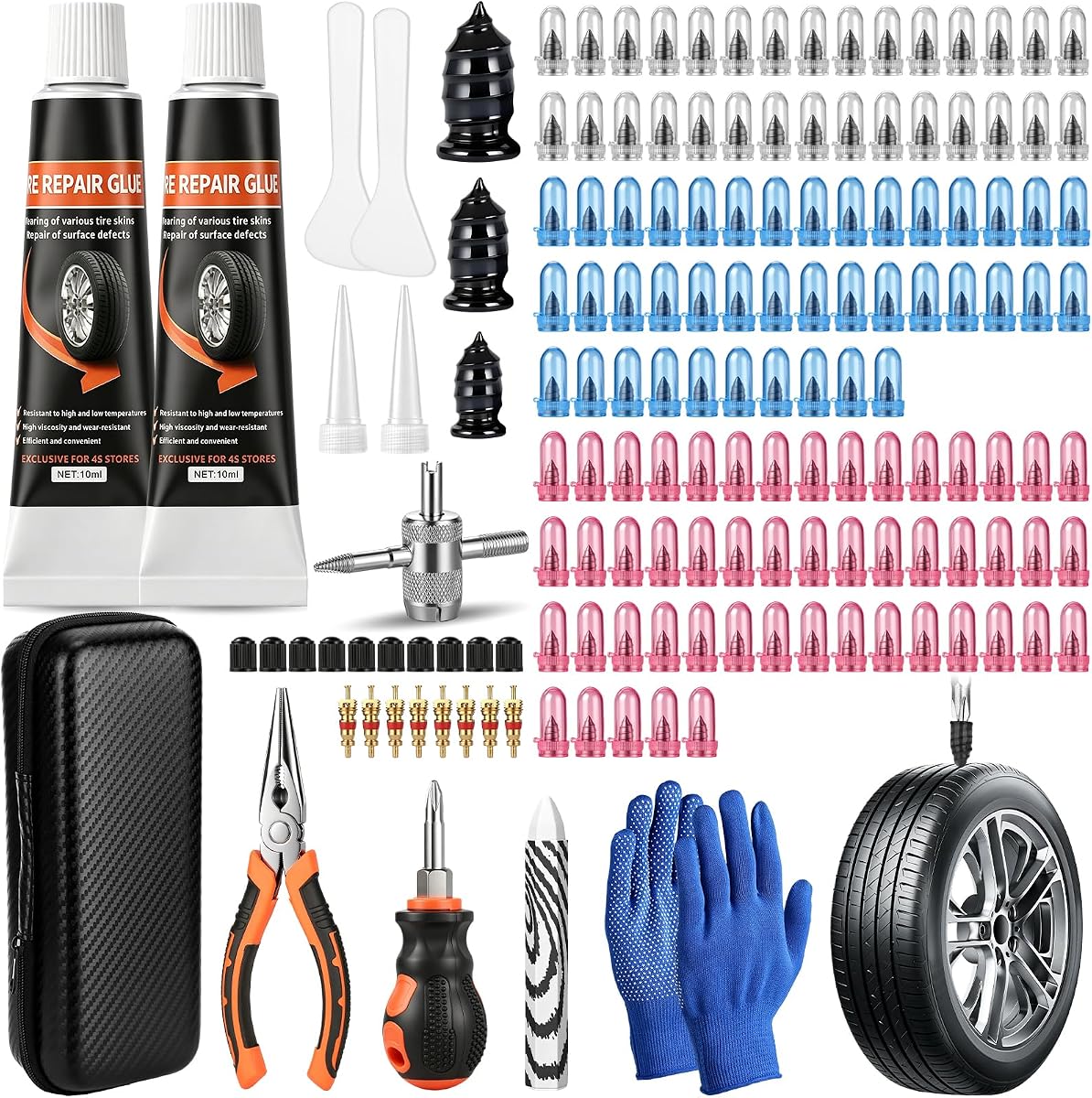 149 PCS Tire Screw Plug Repair kit-3 Size Tire Plugs Screw Type, 2 Tubes Black Tire Sealant Glue, Repair Tool- Fast Self-Service Tire Repair Screws Kit for Car Motorcycle Truck Tractor Puncture Repair
