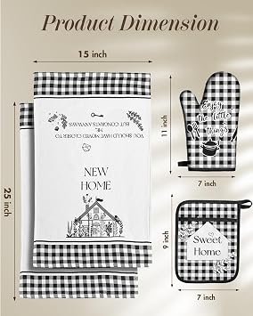 House Warming Gifts, New Home Set of 5 | Cotton Kitchen Essentials, with Kitchen Towels, Oven Mitt, Pot Holders Set, Greeting Card, Housewarming Gifts