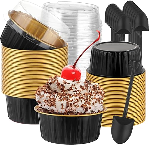 ylnurac Paquete de 100 tazas de aluminio para hornear con tapas y cucharas, tazas de postre de 5 onzas, mini moldes para pasteles con tapas para