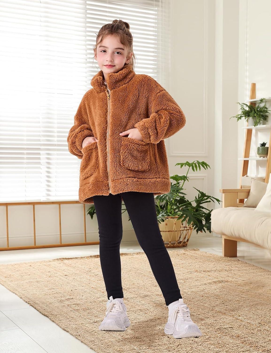 Girls Fleece Sherpa Jacket Full Zip Fall Coat with Pockets Winter Jackets Kids Outwear for 5-14y - Image 6