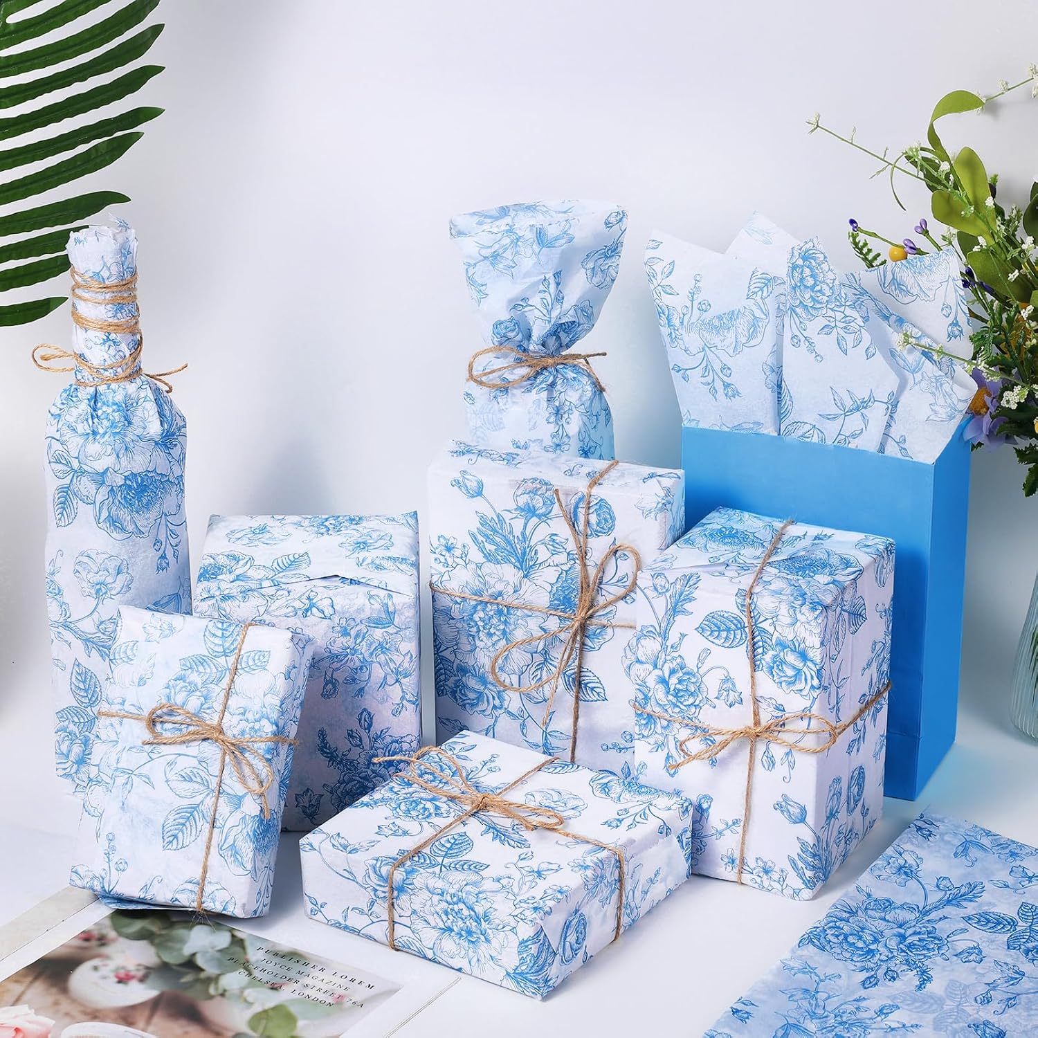 60 Sheet Blue Floral Tissue Paper, 20x14 inch Chinoiserie Gift Wrapping Tissue Paper for Birthday Wedding Baby Shower Party Supplies