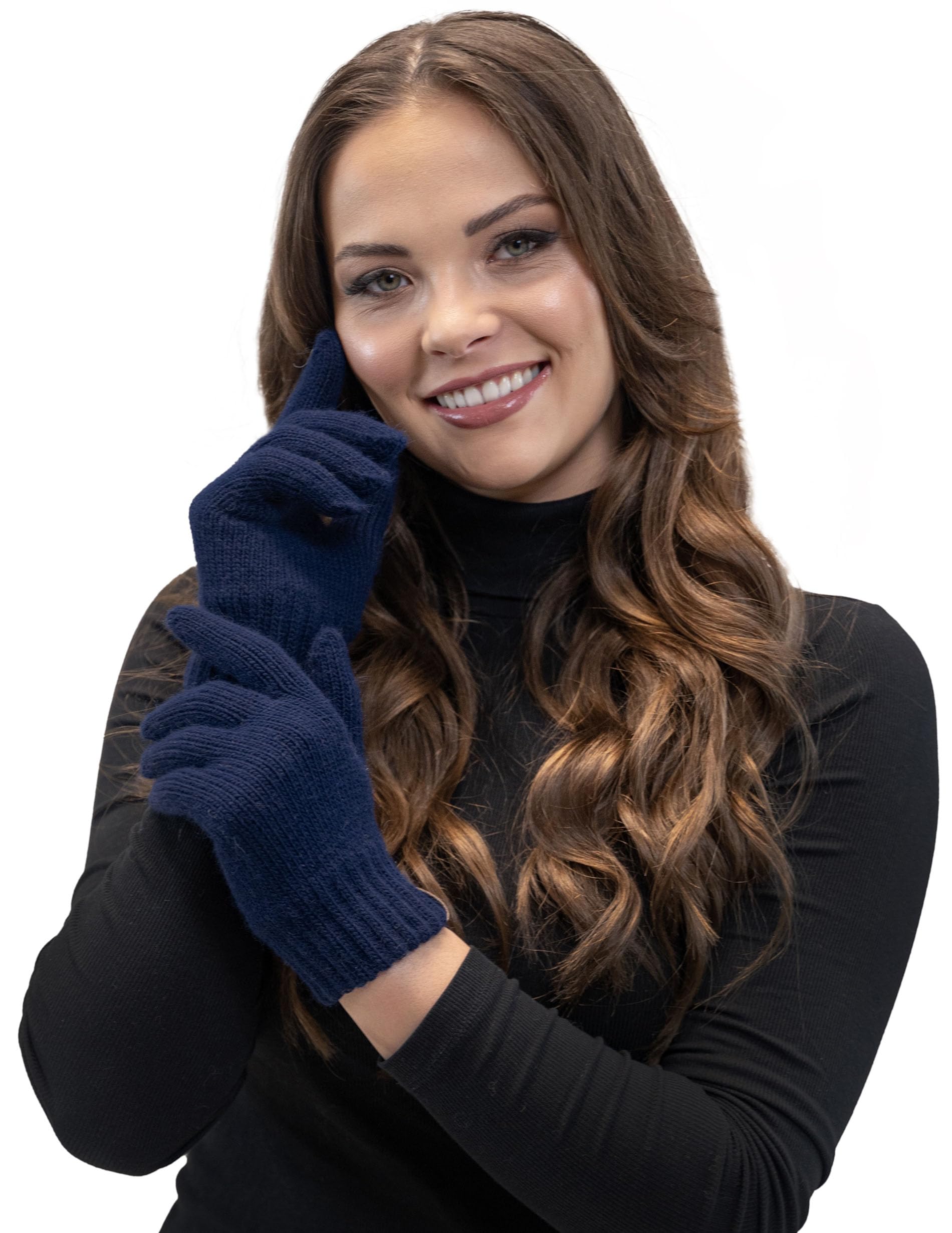 Vivisence Women's Navy Blue Stylish Classic Five-Finger Winter Gloves Made Of Warm And Soft Yarn With Wide Ribbed Cuff Perfect For Cold Winter Days Providing Comfort And Warmth, ,Uni