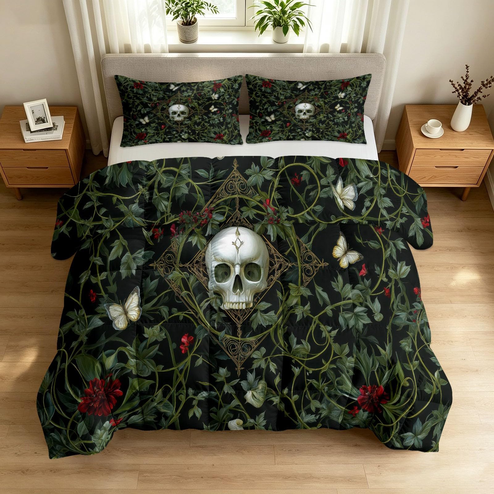 Couette Crânes Papillons 230x220 cm avec 2 taies d'oreiller pour lit 2 personnes