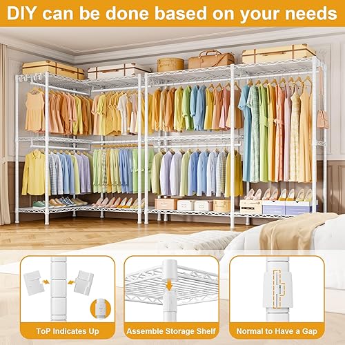 Miniatura 6 de E15 - Perchero en forma de L para esquina, perchero independiente para colgar ropa, organizador de armario resistente con 4 varillas para colgar y 8