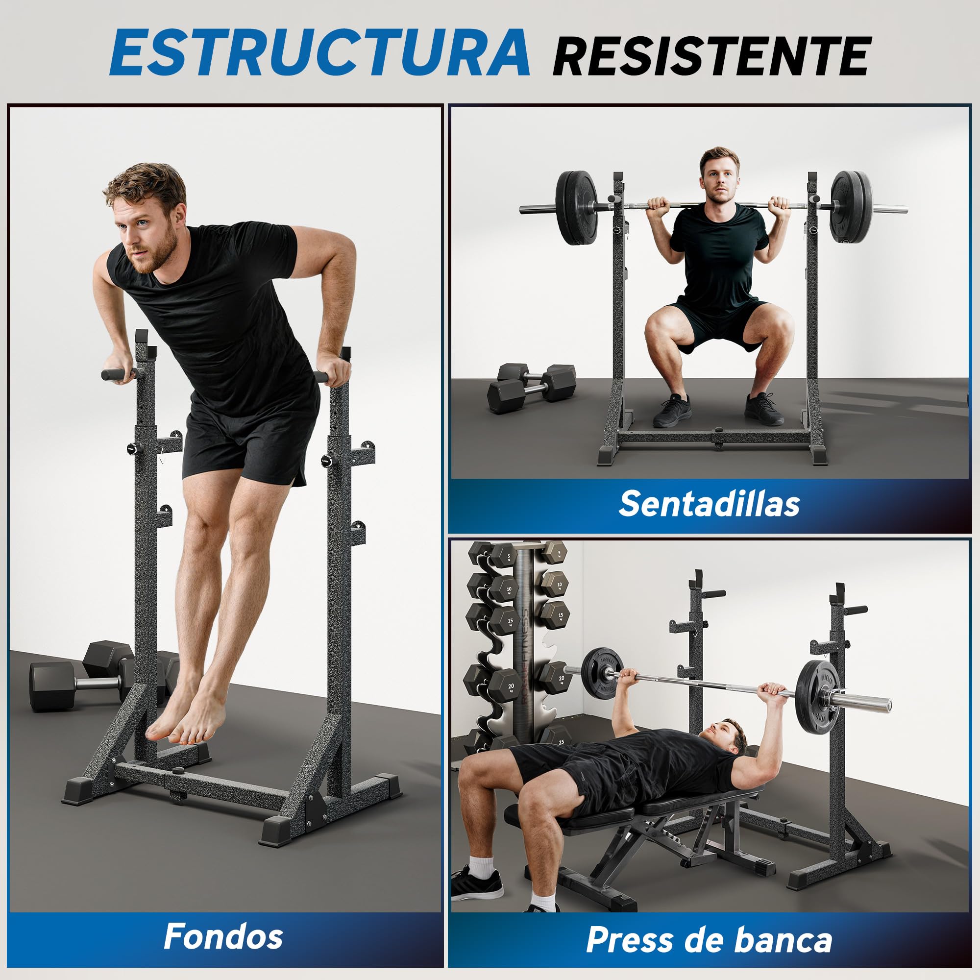 SPORTNOW Soporte para Barras de Pesas Multifuncional Gimnasio 150 kg Negro | Altura y Ancho Regulable, Rack Musculación, Estructura de Acero, Entrenamiento en Casa Gimnasio
