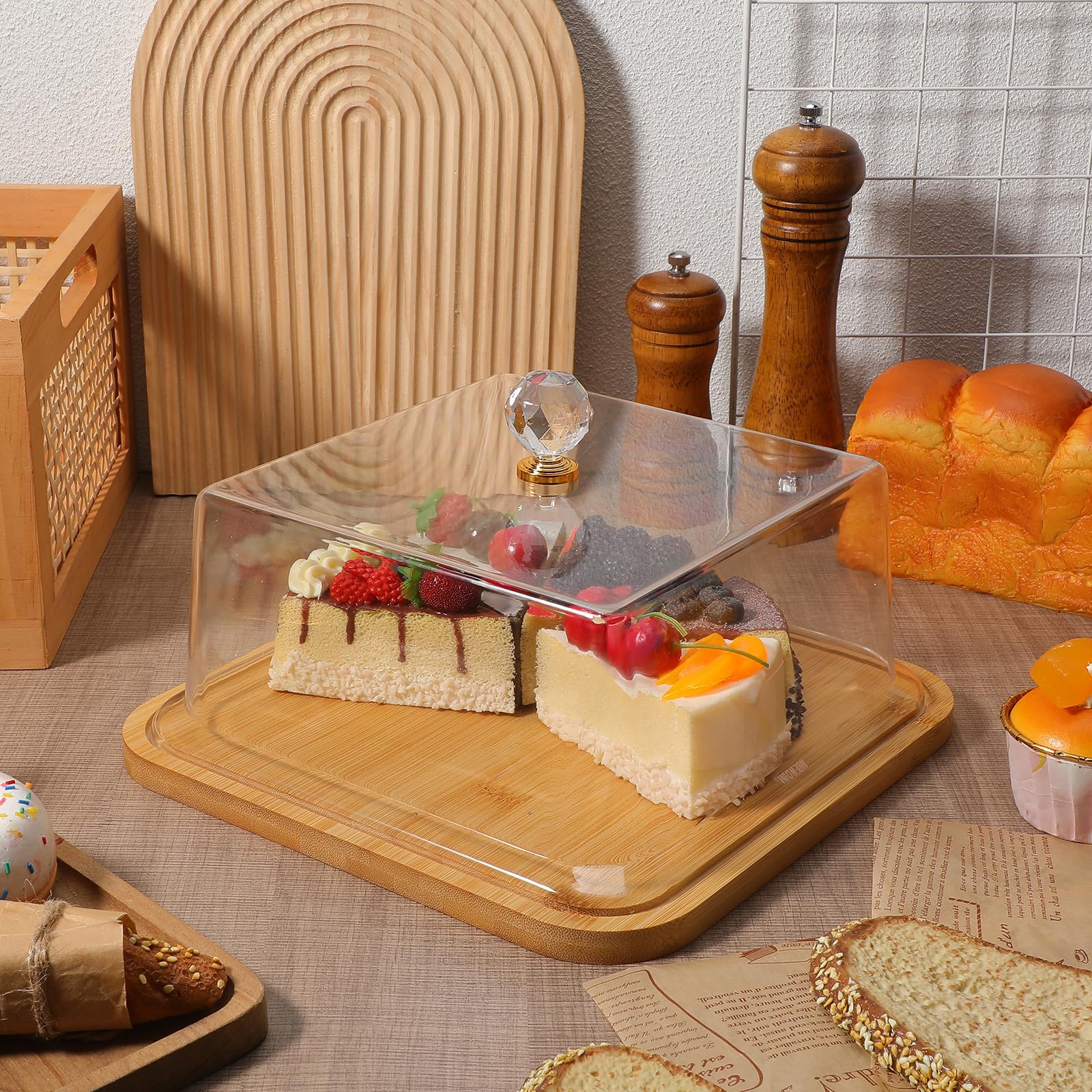 HEMOTON Cubierta Acrílica Transparente para Pasteles con Base de Madera, Soporte para Pasteles con Diseño Simple Que Mantiene la Comida Limpia y Exhibe Dulces Hogar
