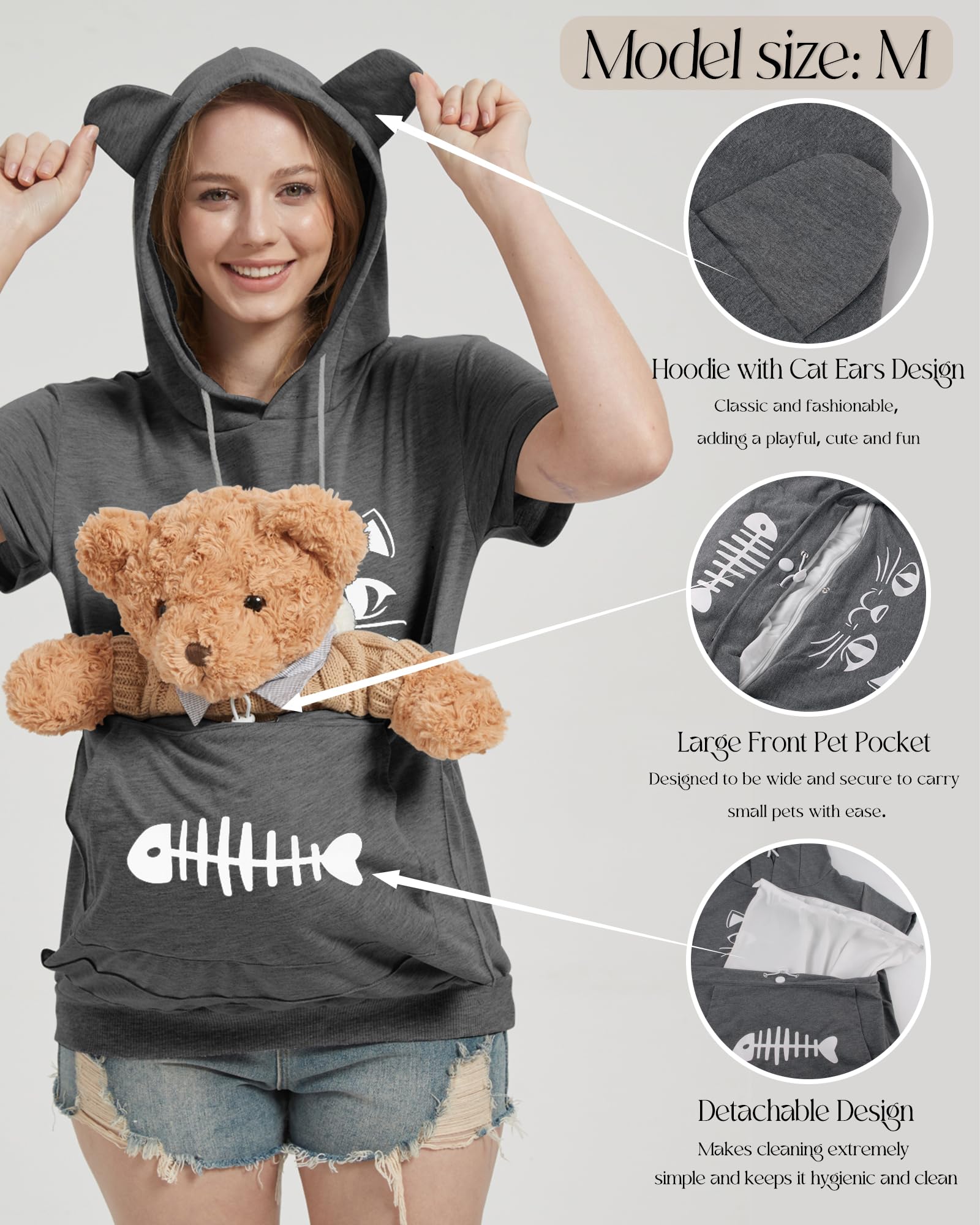 Sweat à Capuche à Manches Courtes pour Femme Chemisier avec Grande Poche Confortable Pull Chat Sweatshirt Hoodie Printemps Automne Été Pullover Blouse