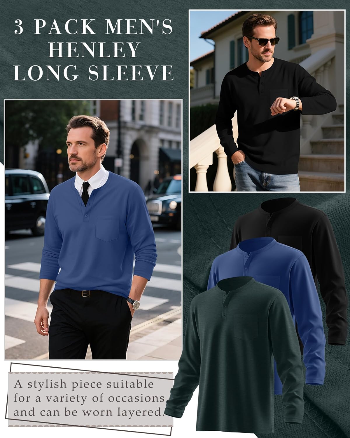 Neer 3 Pack Men's Big and Tall Henley T-Shirts L-5xl, Long Sleeve Pocket Oversized Tops Casual Soft Loose Basic Tees