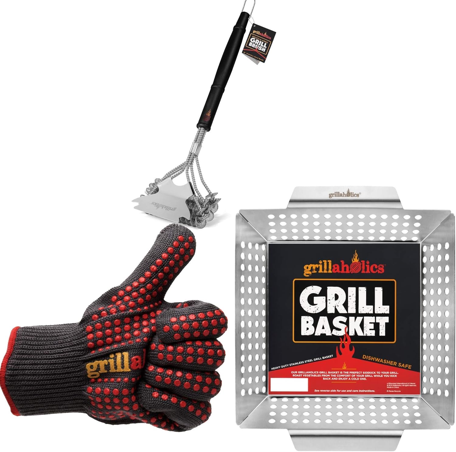 Grillaholics Bristle Free Grill Brush + High Heat Grilling Gloves + Vegetable Grill Basket Bundle