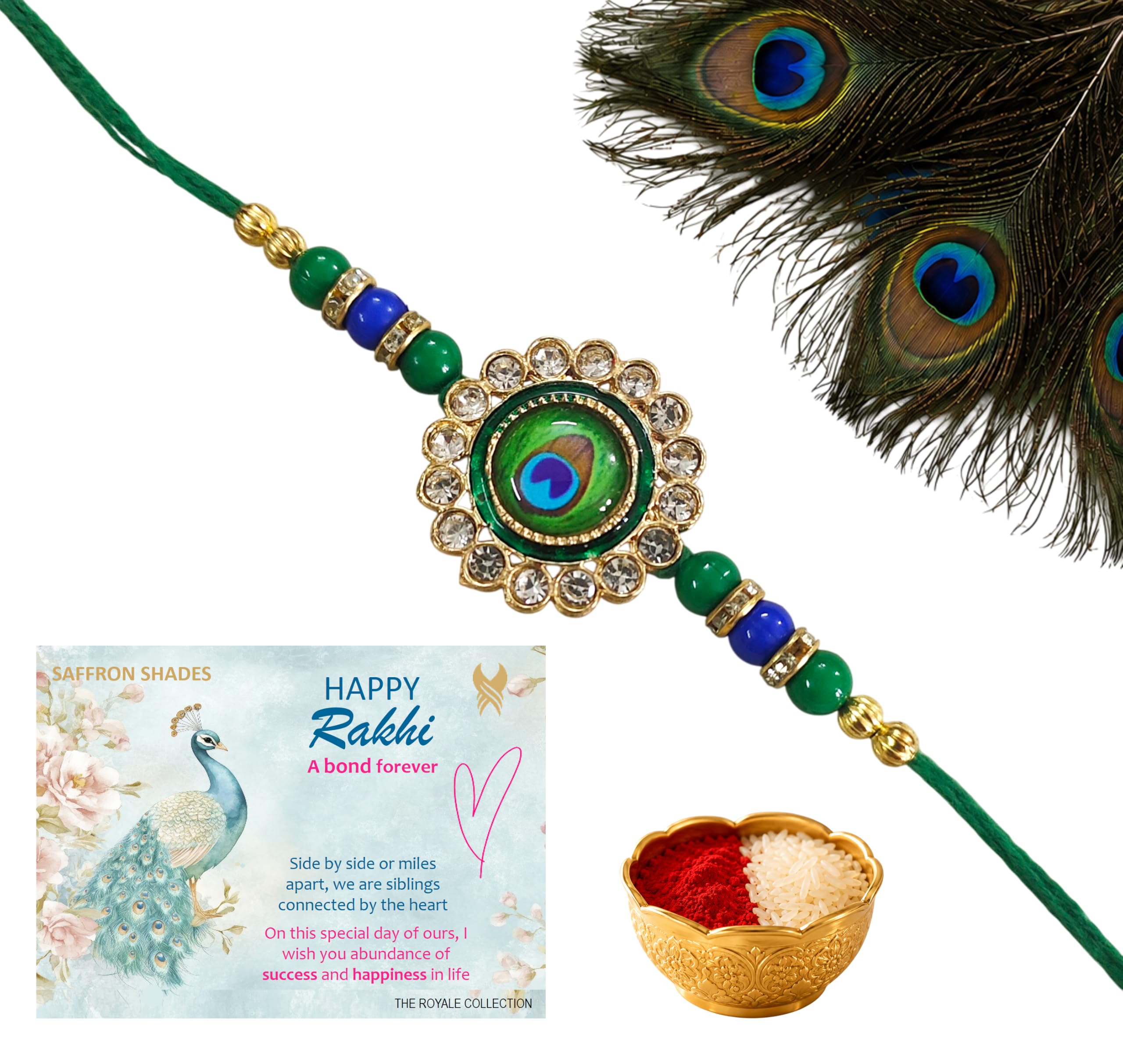 Peacock Feather Premium Rakhi for Brother |Meenakari and Crystal work Rakhis for bhai bhaiya bhabhi Bro Sister Boy Men| Includes Rakshabandhan Greeting Card & Roli Chawal | Single Rakhi Set-image-37