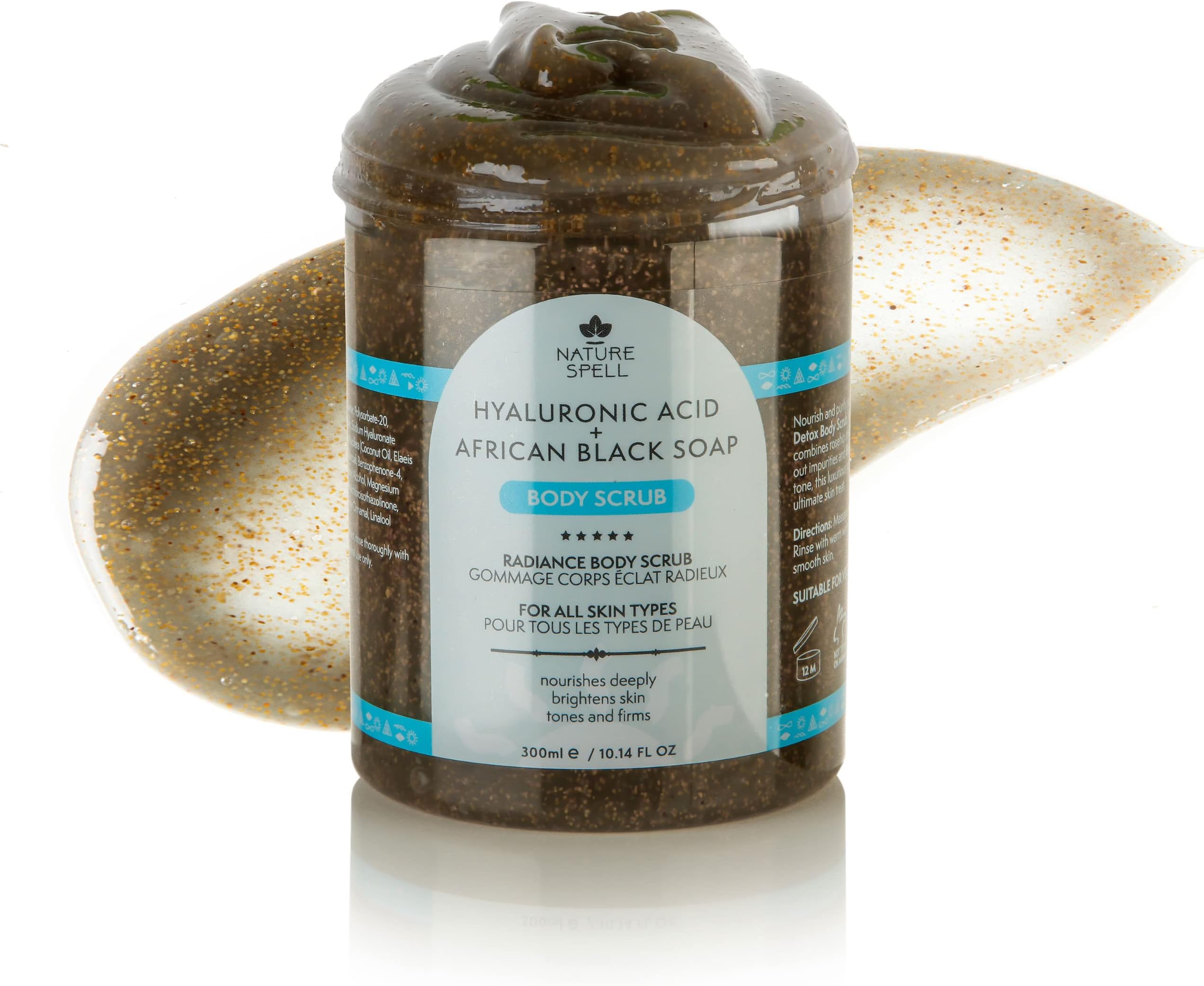 African Black Soap & Hyaluronic Acid Body Scrub 300 ml – Exfoliates and Detoxifies – Removes Dead Skin Cells – Infused with Charcoal – 100% Vegan – Made in the UK, Grey