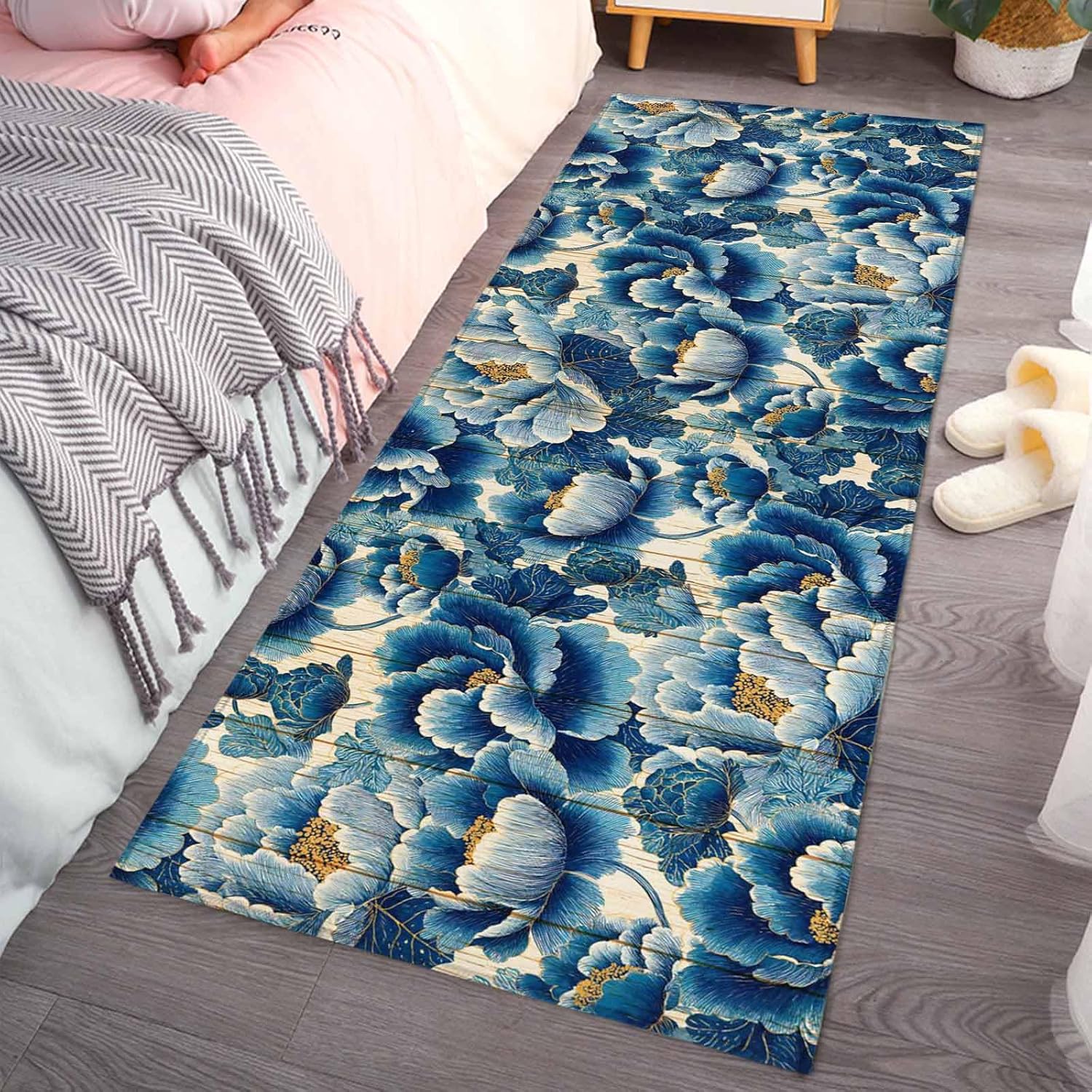 Teamery Kitchen Mats for Floor Watercolor Blue Peonies Washable Non Slip Kitchen Rugs 1PCS, Country Floral on Wood Board Absorbent Standing Mats for Sink Bathroom Office Living Room 23.6x70.9in
