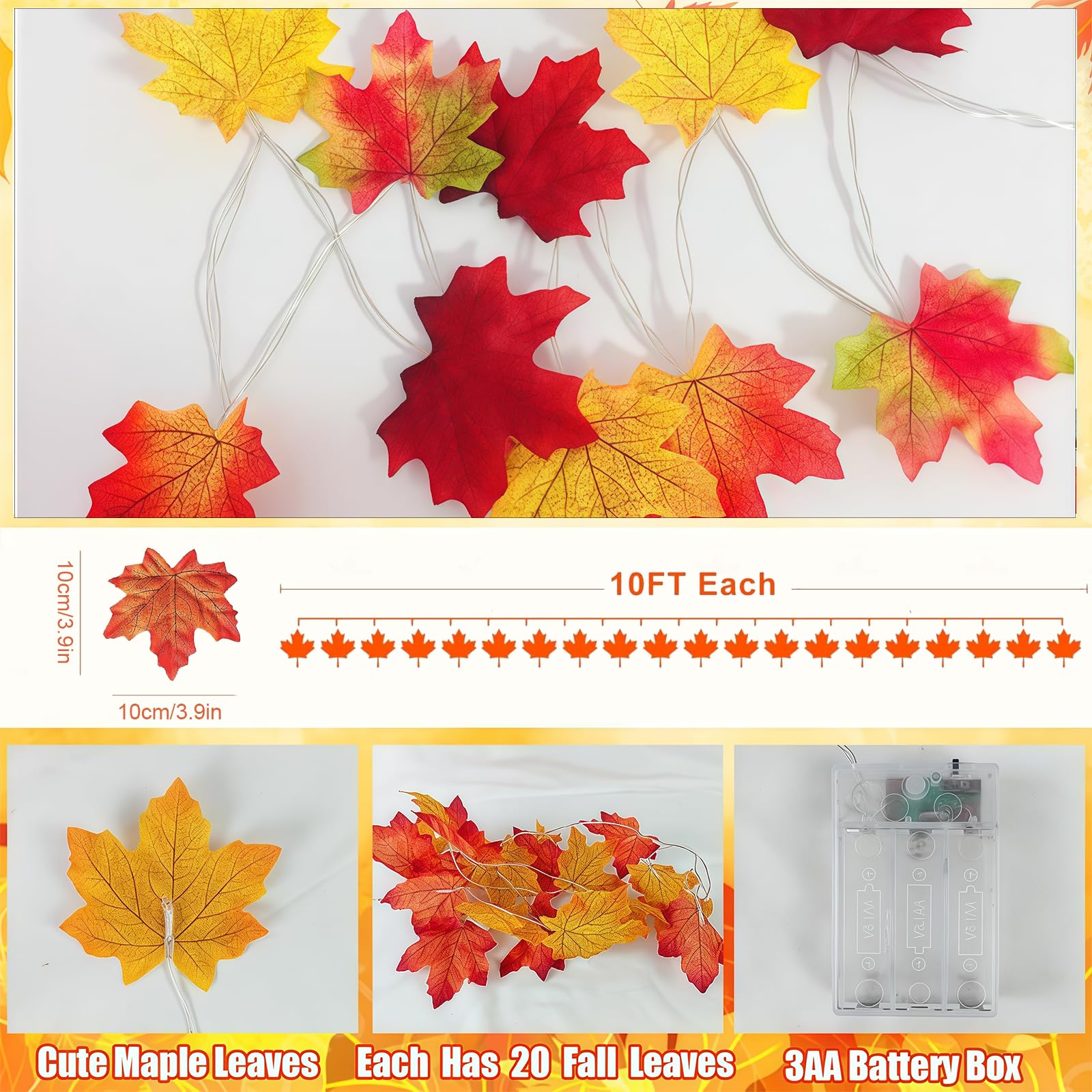 Solihigh Maple Leaf Lights,3M 20 LED Autumn Decoration Autumn Leaf Lights for Fall Decor Halloween Decorations New Year Festival Party Indoor Outdoor - Image 2