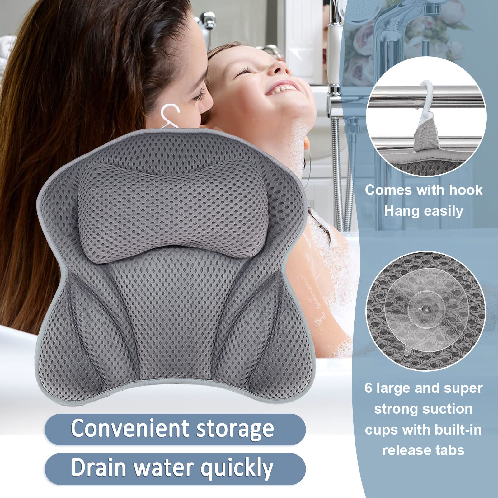 Oreiller De Bain 4D Amzeeniu Avec 6 Ventouses - Coussin Nuque Et Épaules Antidérapant