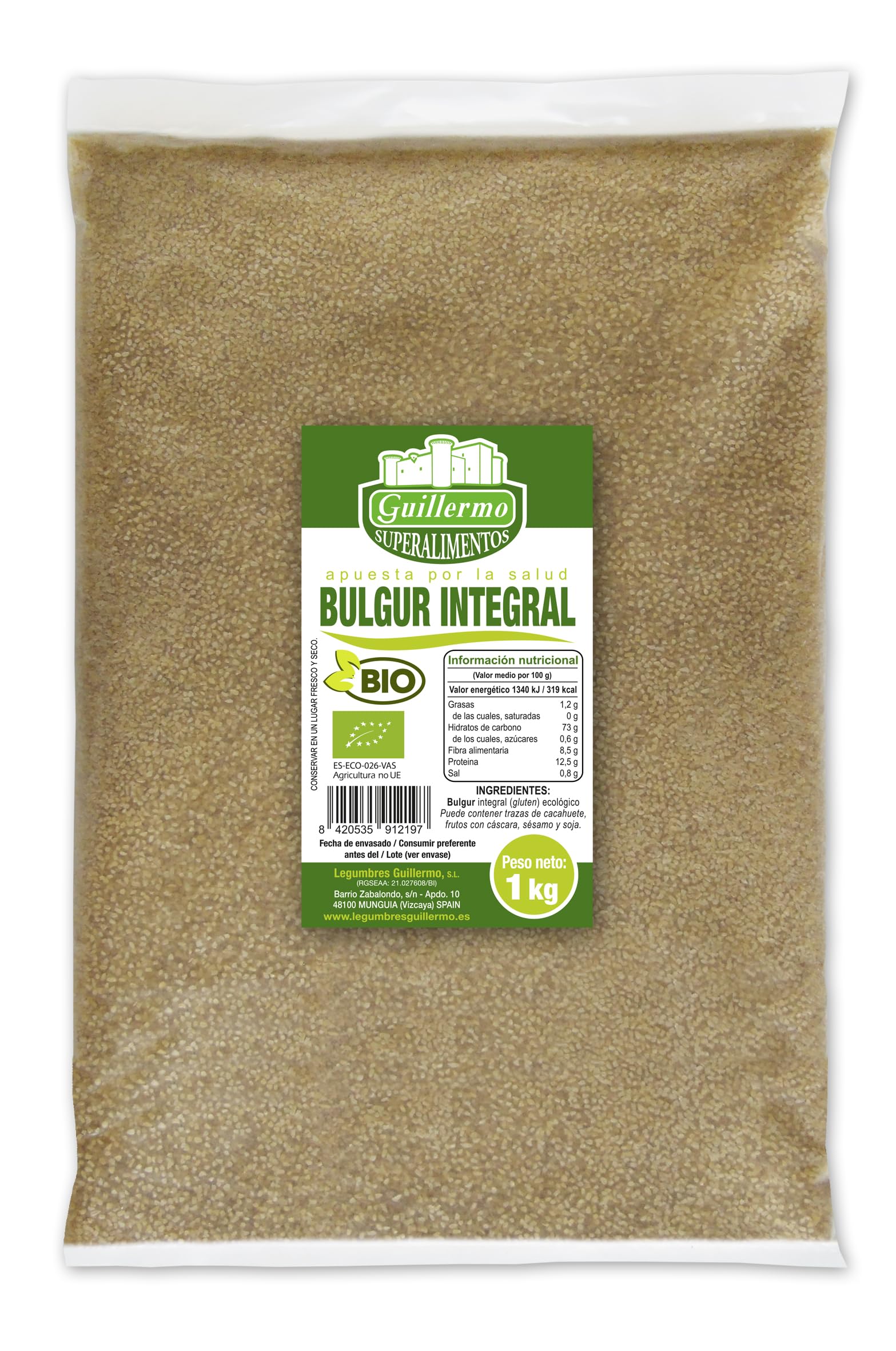 Guillermo | Bulgur integral BIO - Bolsa 1kg. | 100% ecológico | Muy bajo en grasas | Rico en fibra | Buen aliado de nuestra salud