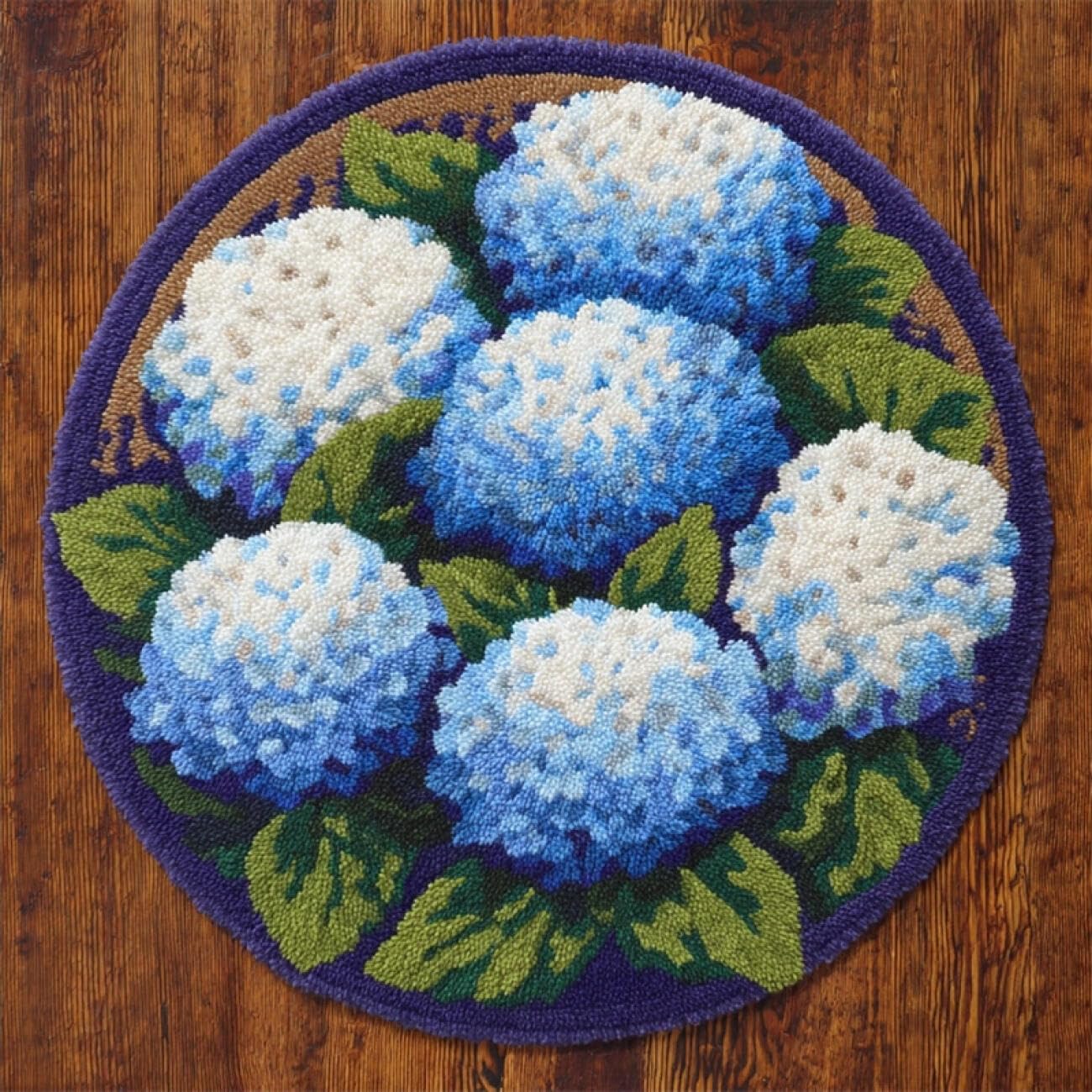 Kitquiver Latch Hook Rug Kits White and Blue Hydrangea 100x100cm