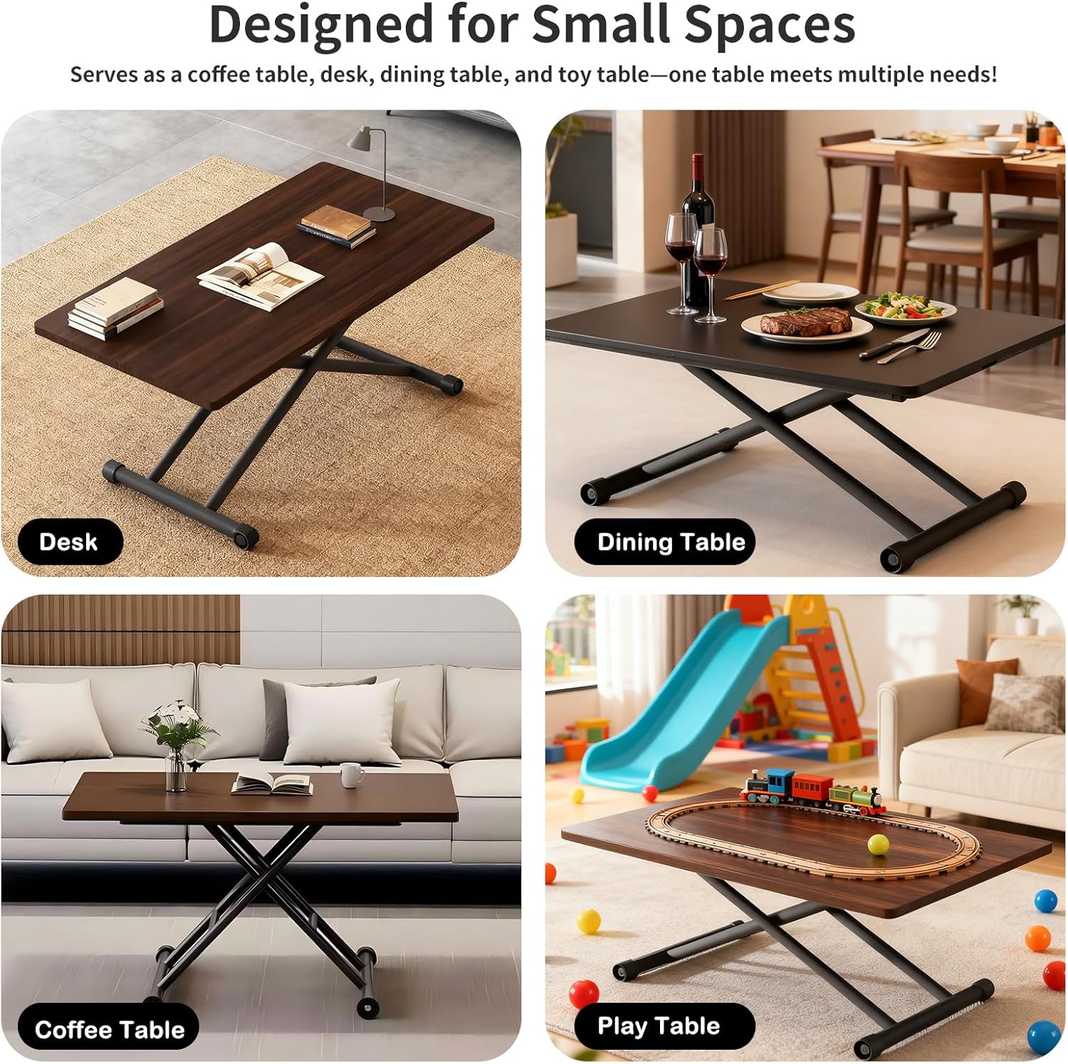 Liftable Folding Dining Table, Multi Functional Height Adjustable Center Table with Wheels, Sturdy Space Saving Side Table for Living Room Home Office