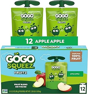GoGo squeeZ Applesauce and Fruit Puree, Apple Apple, 3.2 oz (Pack of 12), Unsweetened Fruit Snacks for Kids, Gluten Free, Nut Free, and Recloseable Cap, BPA Free Pouches (Packaging May Vary)