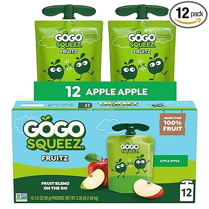 GoGo squeeZ Applesauce and Fruit Puree, Apple Apple, 3.2 oz (Pack of 12), Unsweetened Fruit Snacks for Kids, Gluten Free, Nut Free, and Recloseable Cap, BPA Free Pouches (Packaging May Vary)